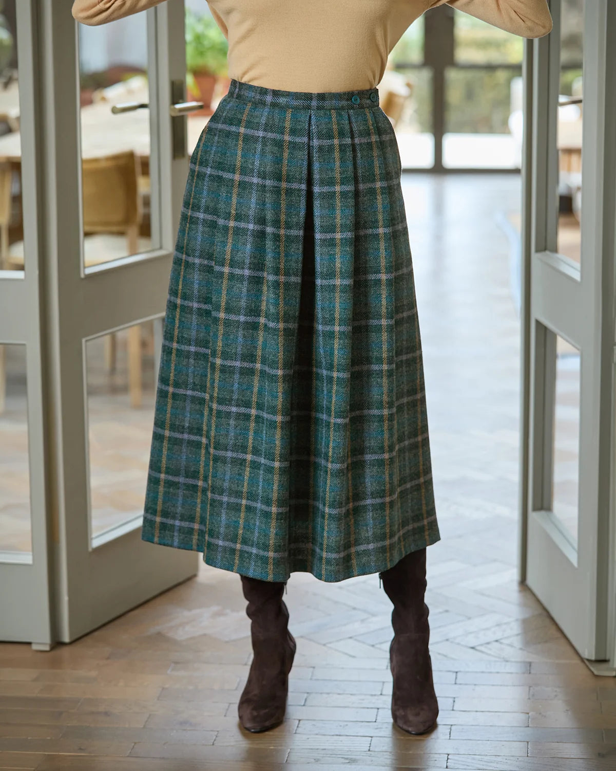 Aster Lined Checked Pure Wool Soft Pleated Skirt