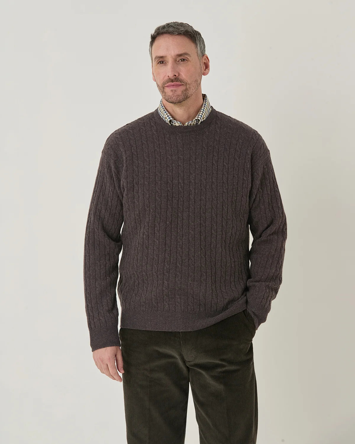 Lambswool Cable Crew Neck Jumper - Brown