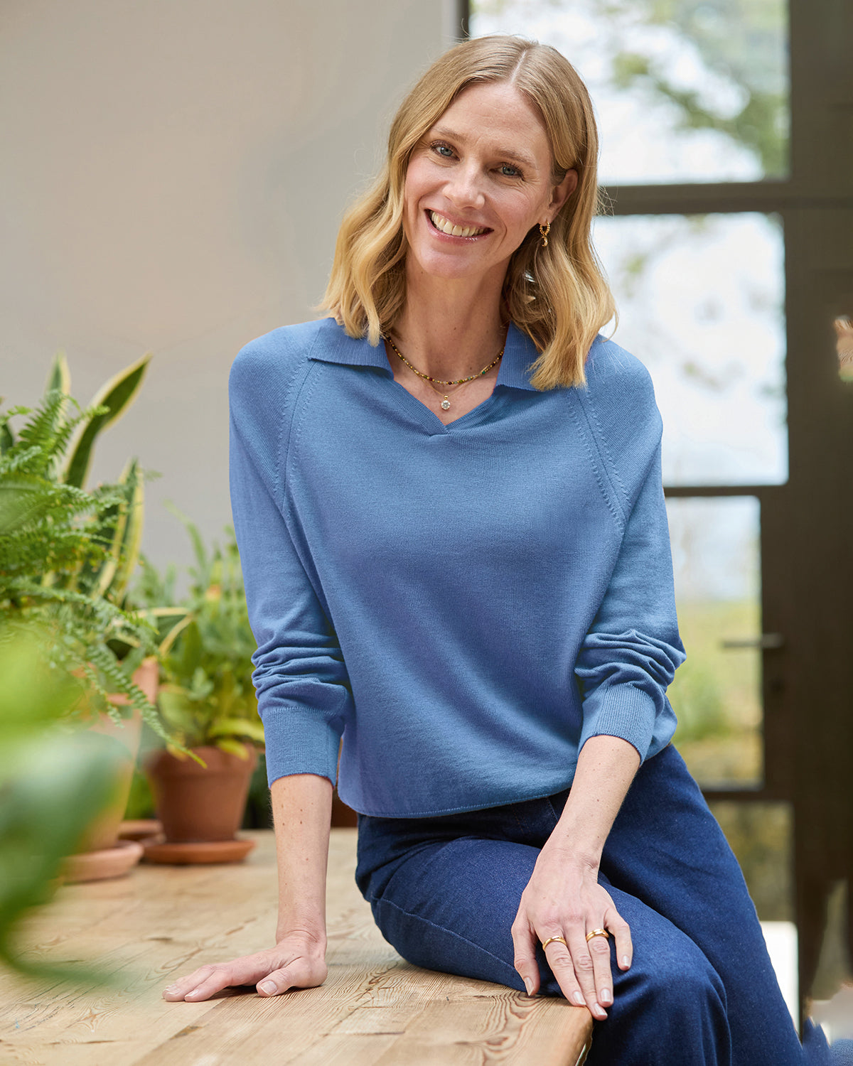 Ladies’ Pure Merino Wool Collared V Neck Jumper – Bluebell