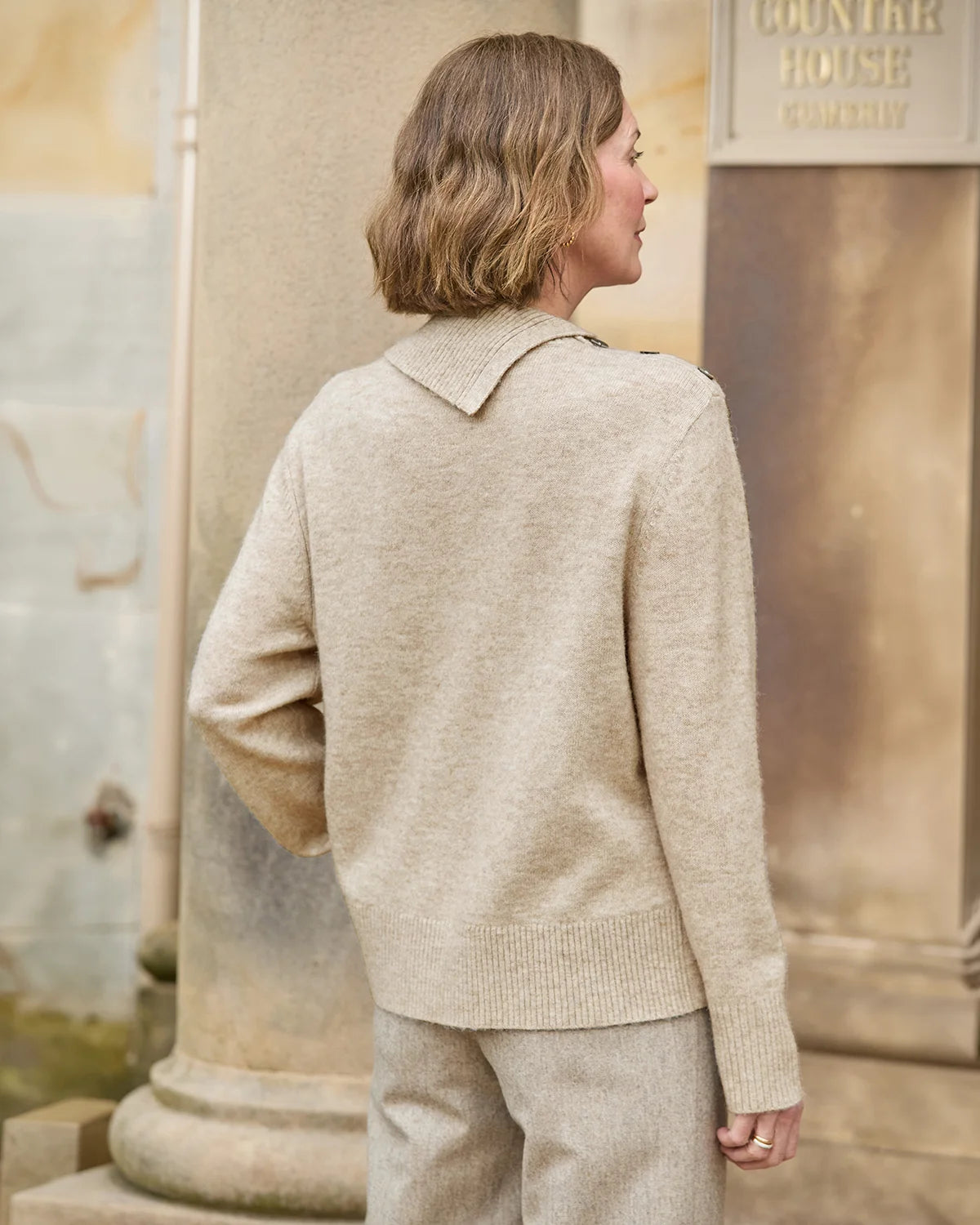 Brooke Split Collar Style Wool Mix Jumper - Stone