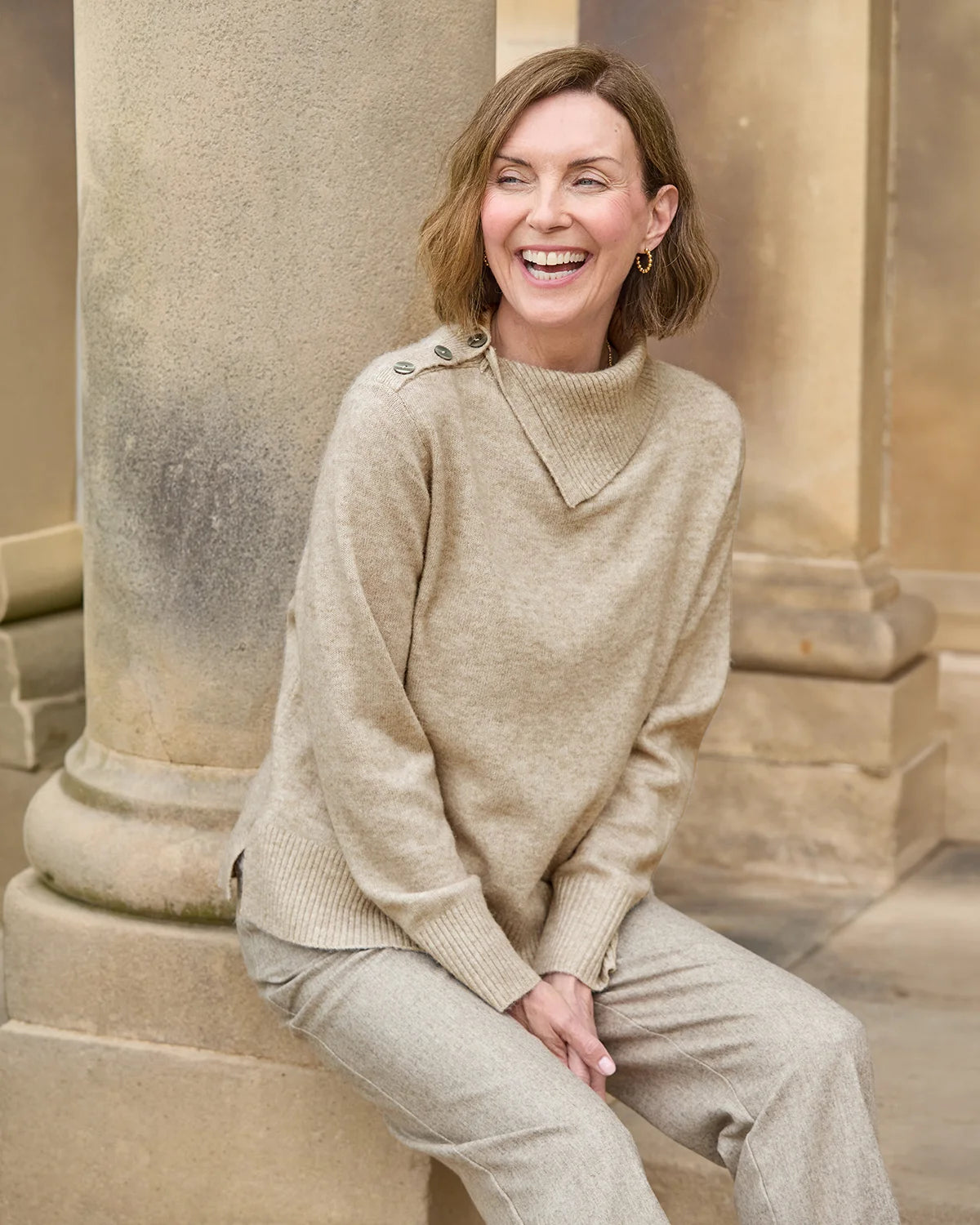 Brooke Split Collar Style Wool Mix Jumper - Stone