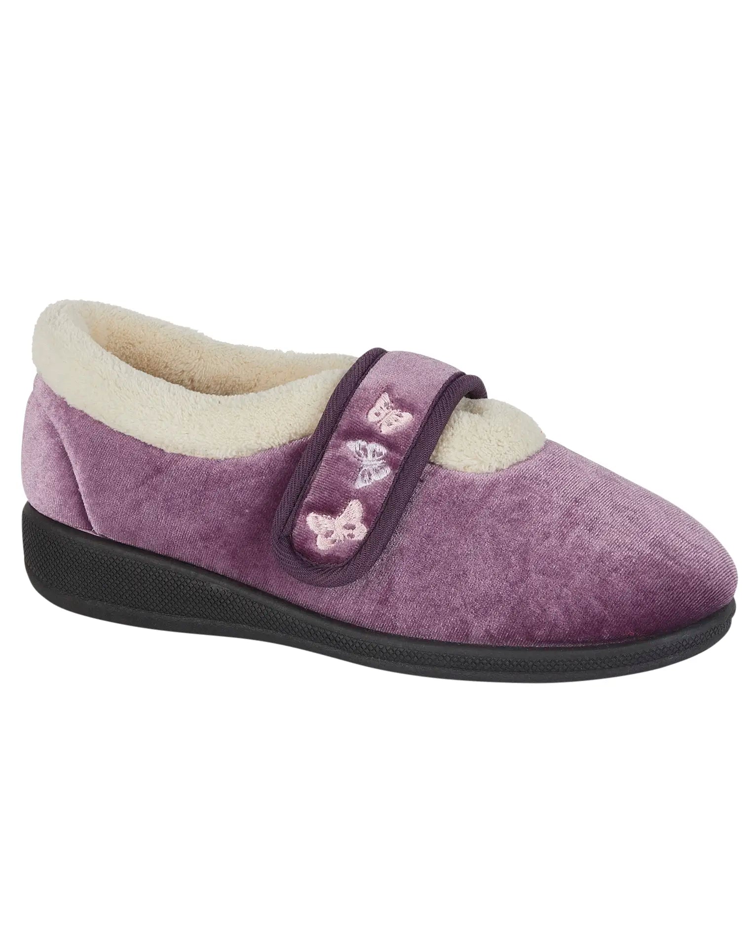 Mavis Velcro Strap Velour Slipper - Lilac