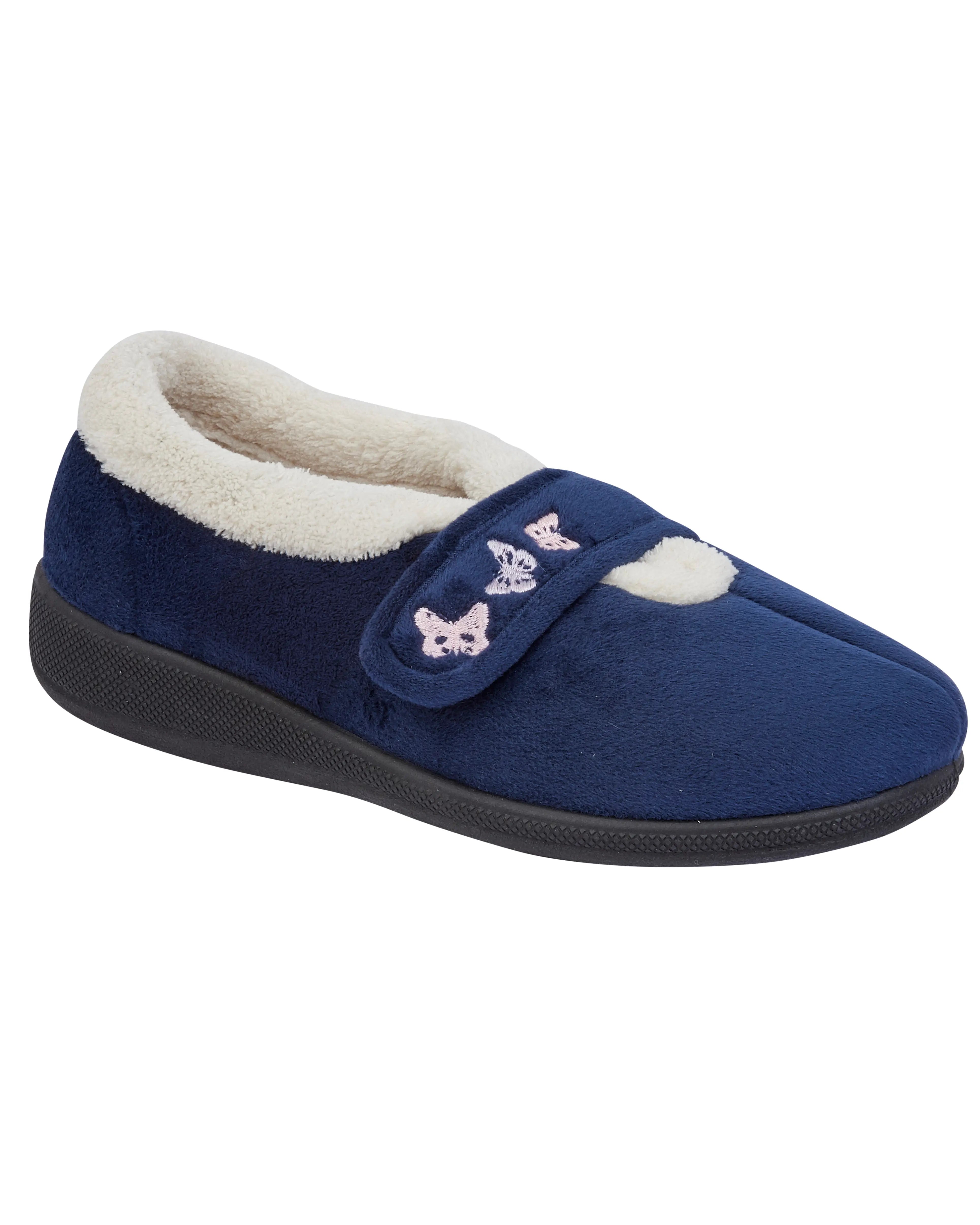 Mavis Velcro Strap Velour Slipper - Navy