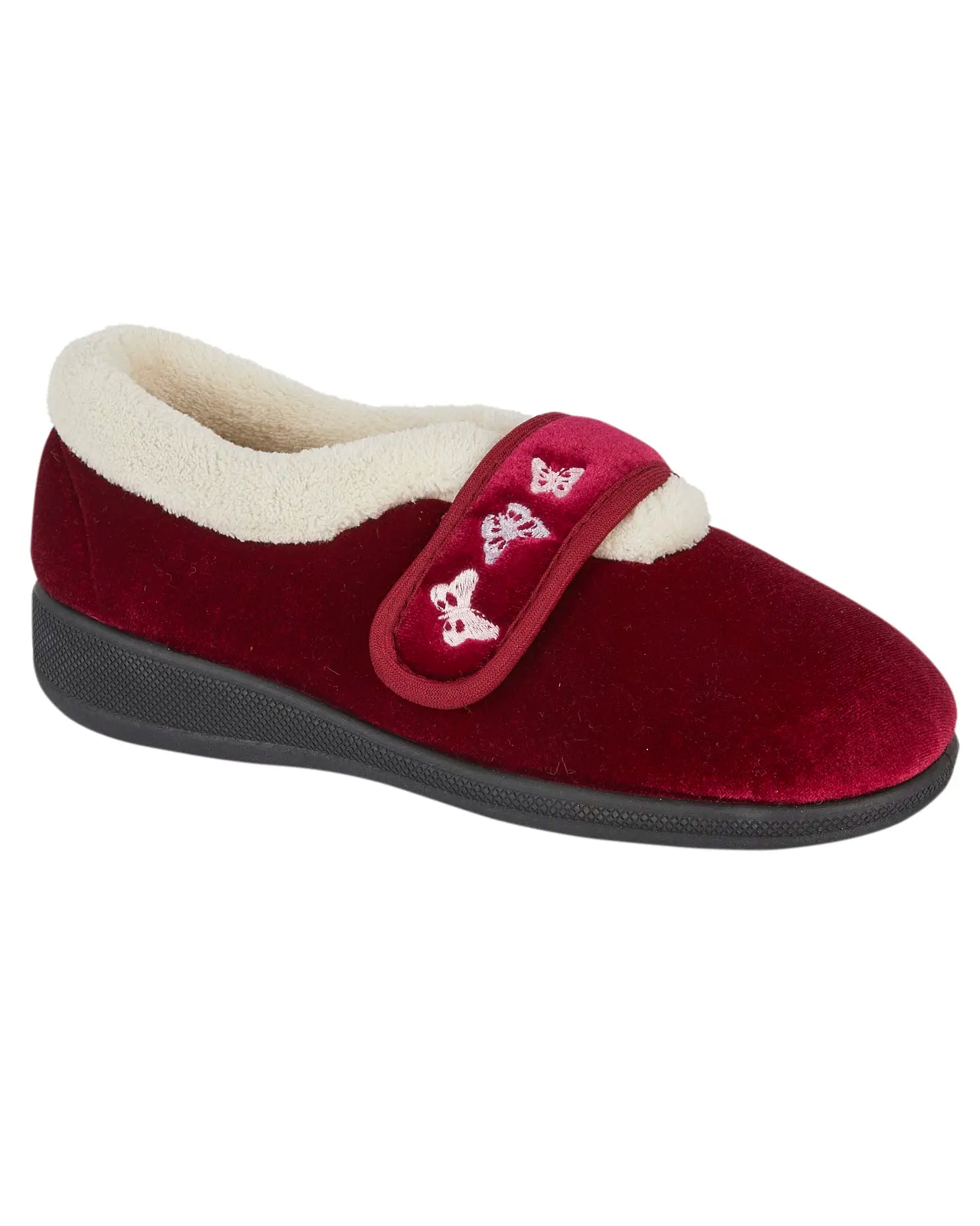 Mavis Velcro Strap Velour Slipper - Wine