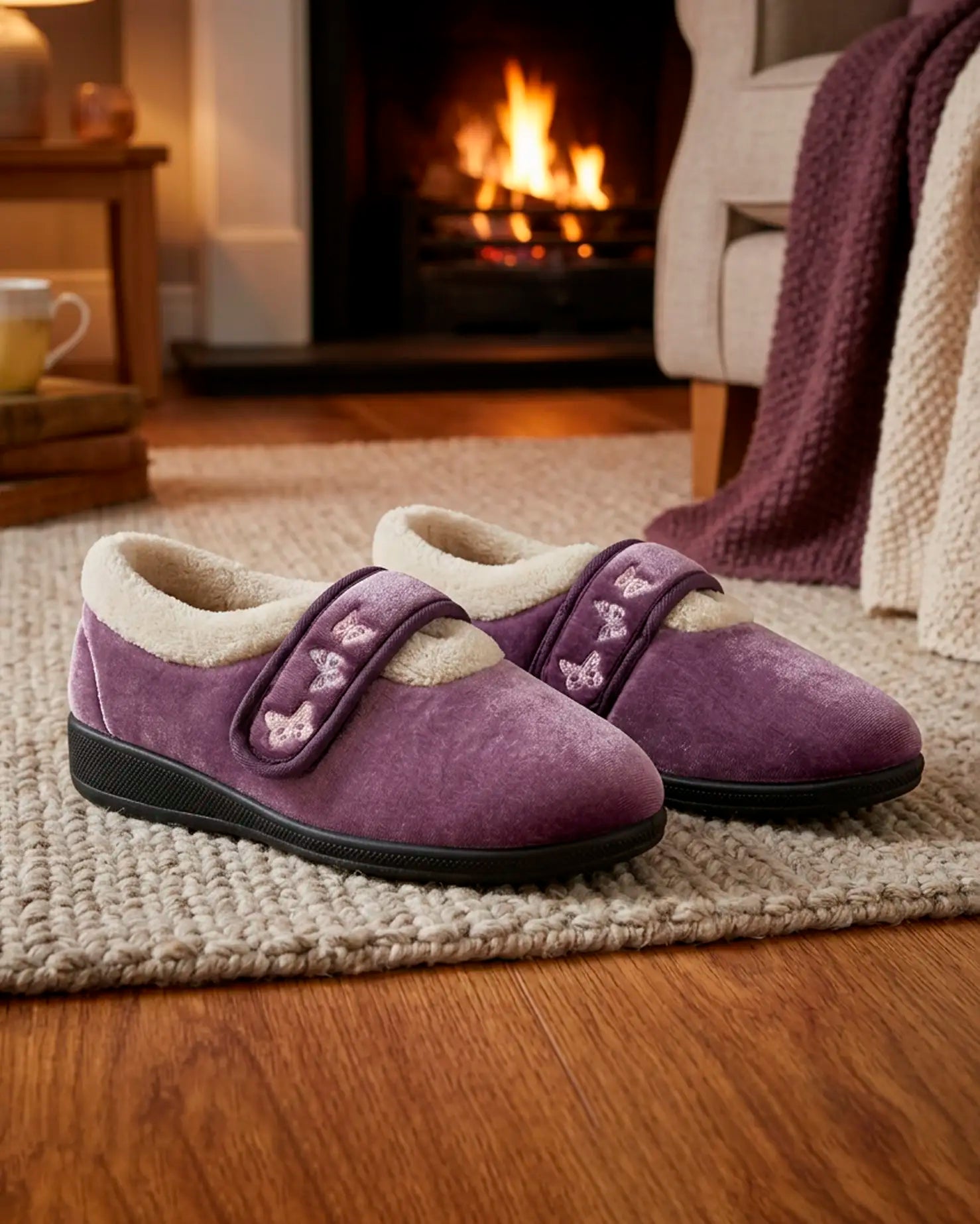 Mavis Velcro Strap Velour Slipper