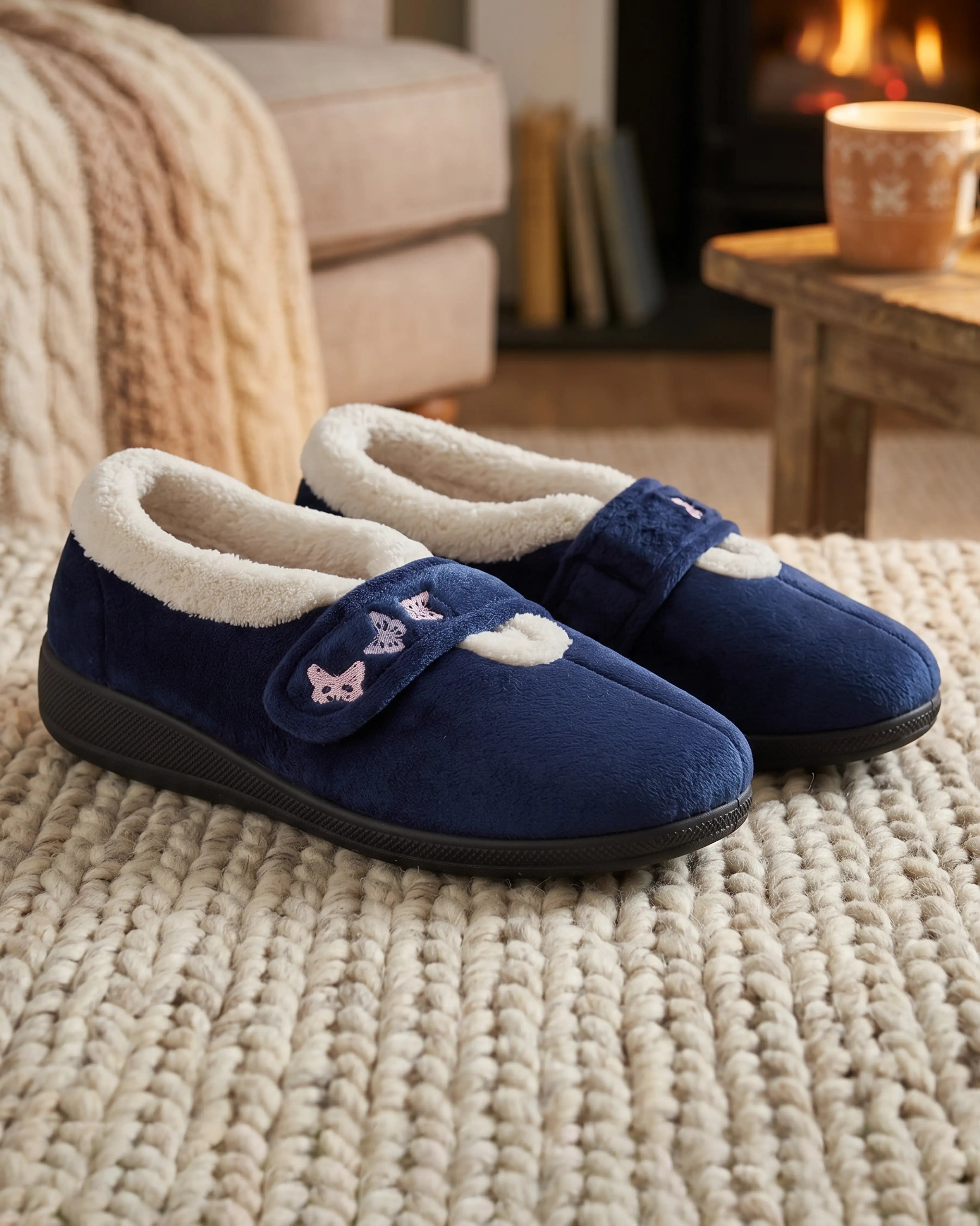 Mavis Velcro Strap Velour Slipper