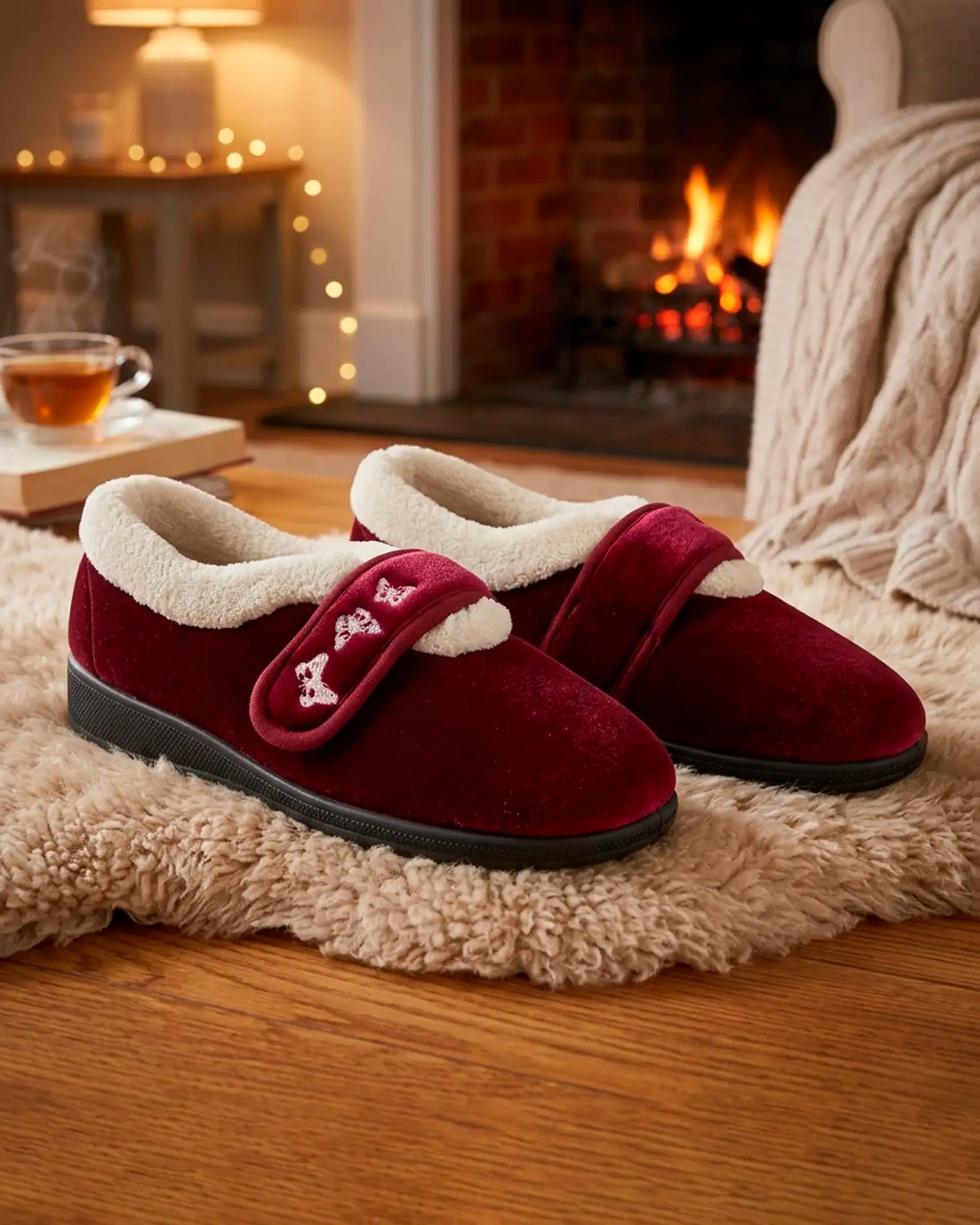 Mavis Velcro Strap Velour Slipper