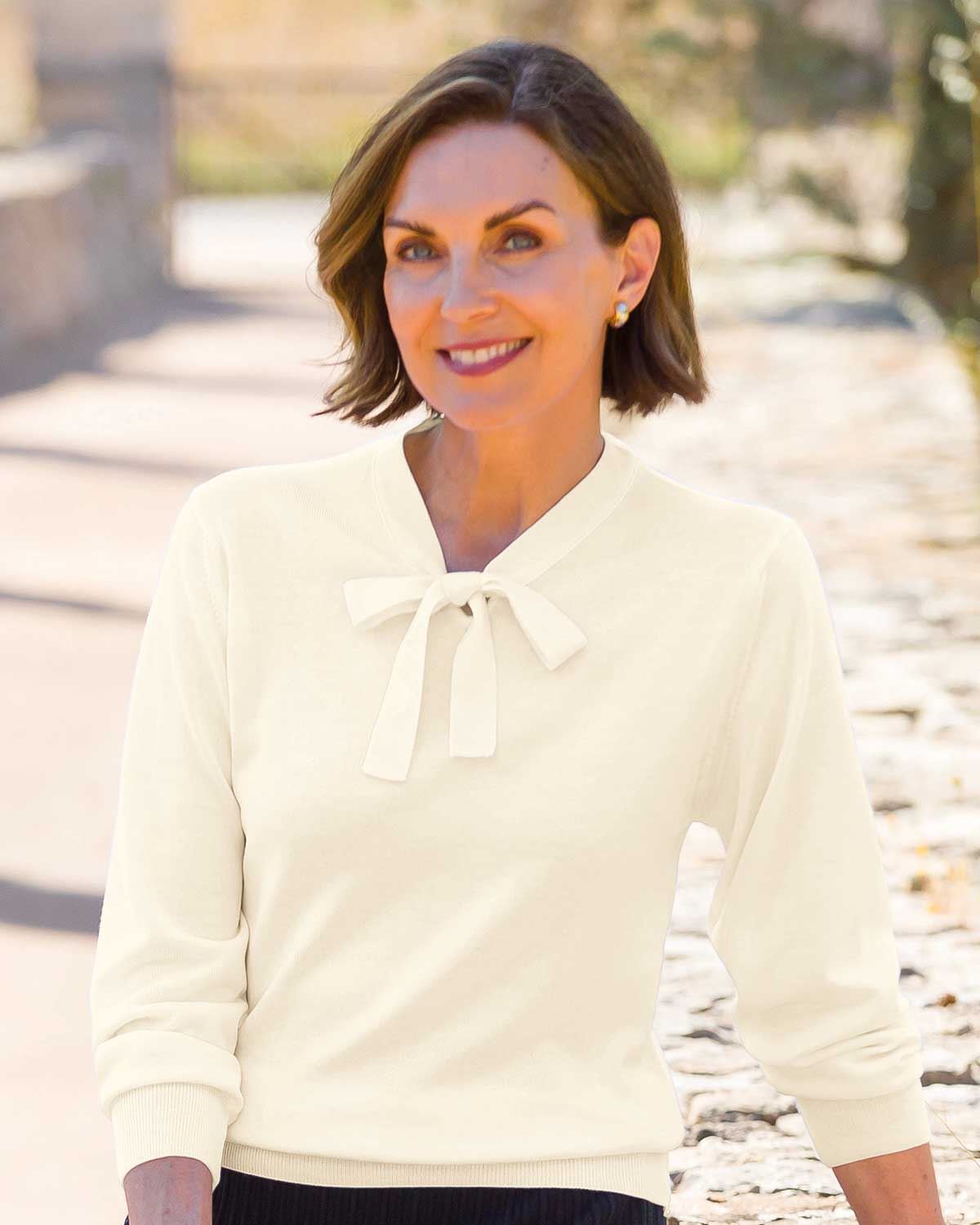 Merino Wool Tie Neck Jumper - Cream - Country Collection