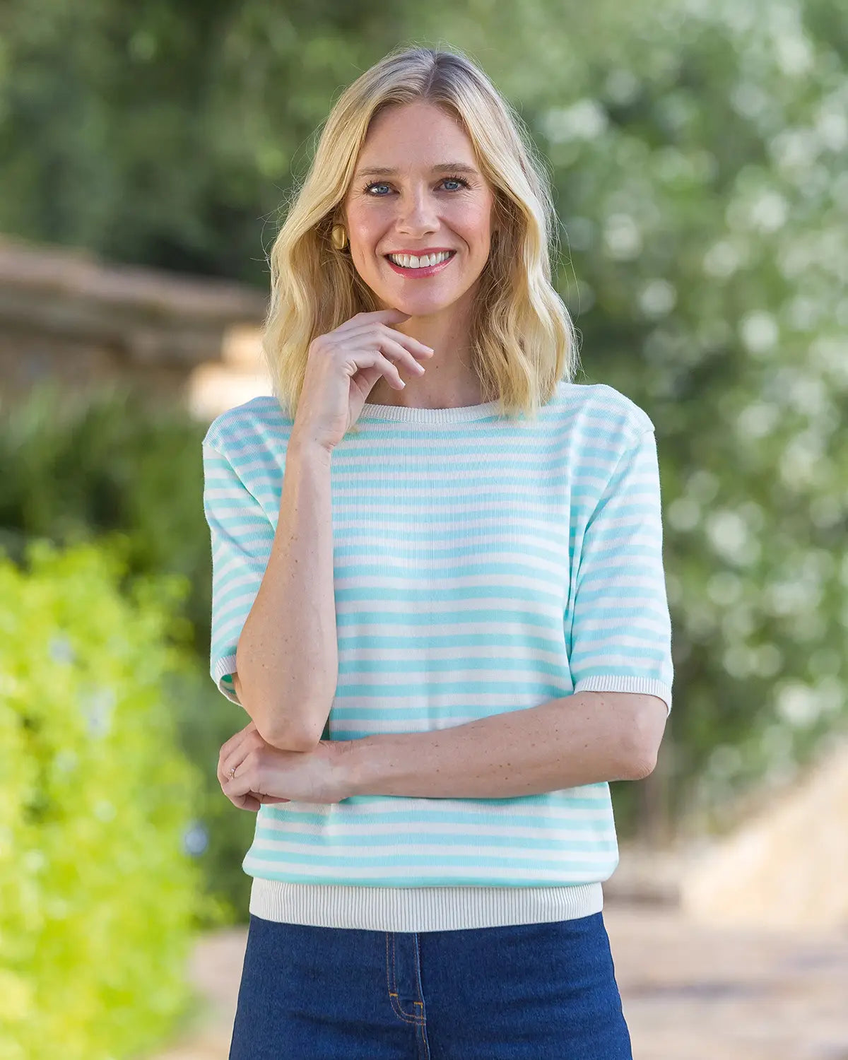 Ladies’ Kathy Pure Cotton Breton Top – Aqua/Cream
