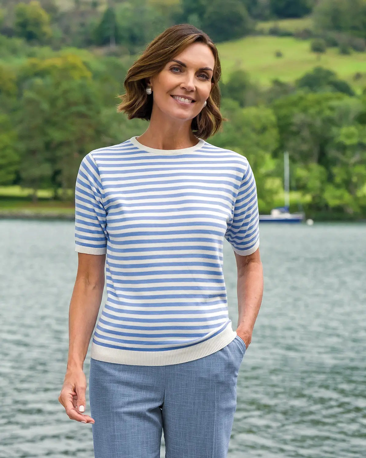 Ladies’ Kathy Pure Cotton Breton Top – Iris/Cream