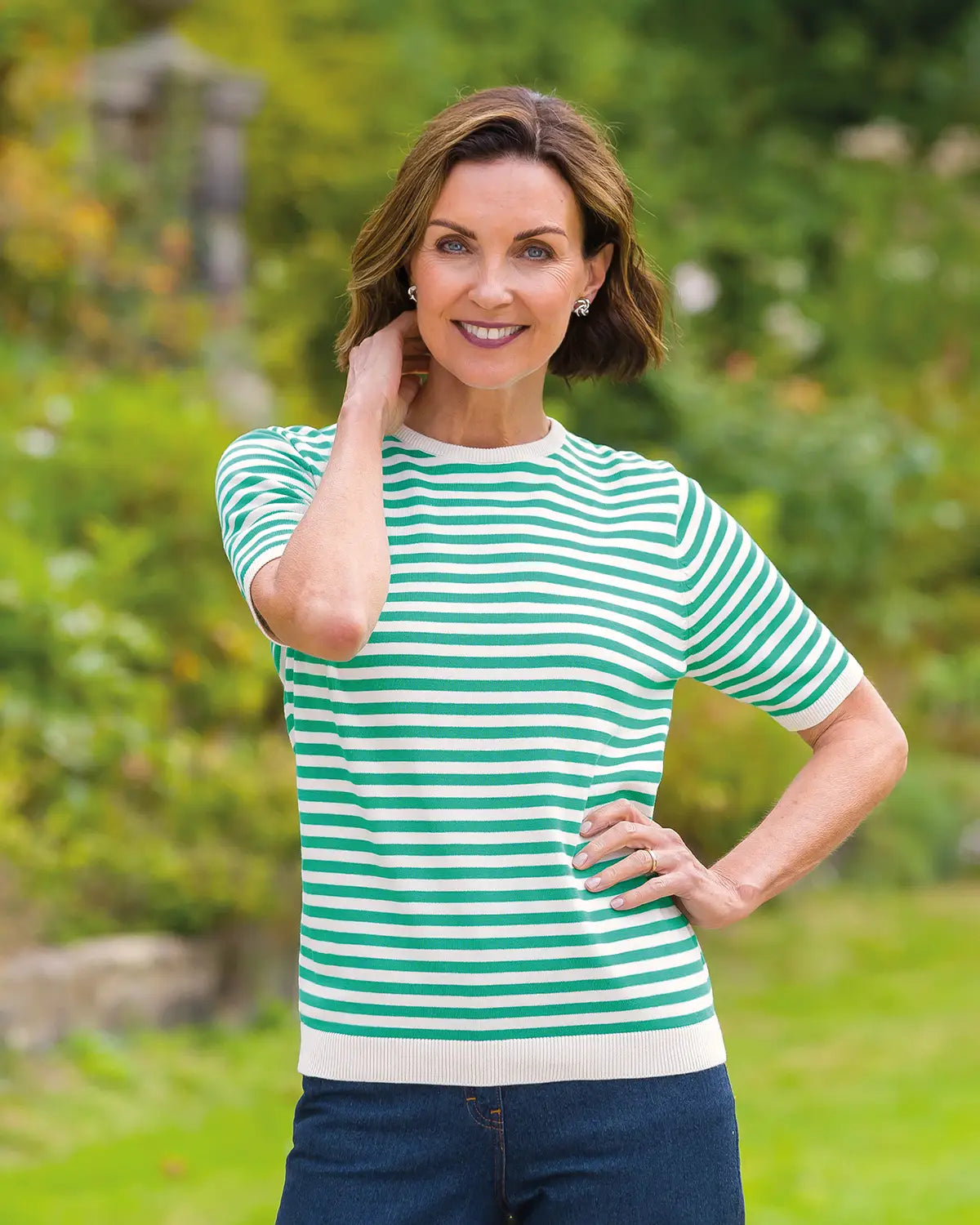 Ladies’ Kathy Pure Cotton Breton Top – Emerald/Cream
