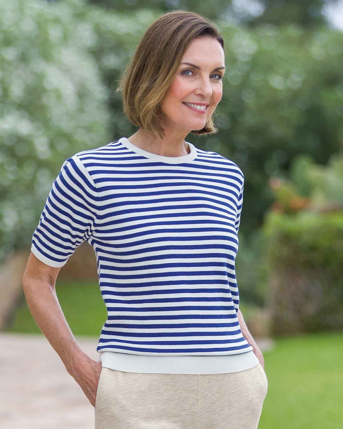 Kathy Pure Cotton Top - Navy Cream - Country Collection