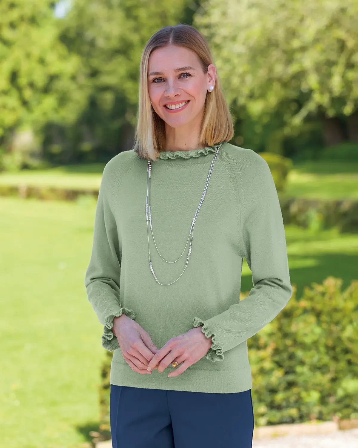 Ladies’ Pure Merino Wool Ruffle Jumper – Sage