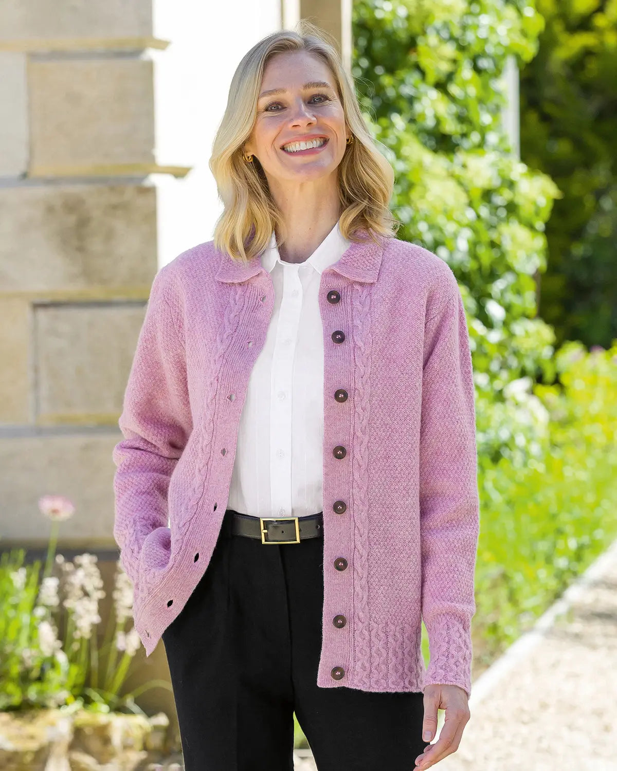 Ladies’ Pure Shetland Wool Cable Cardigan – Rosebud