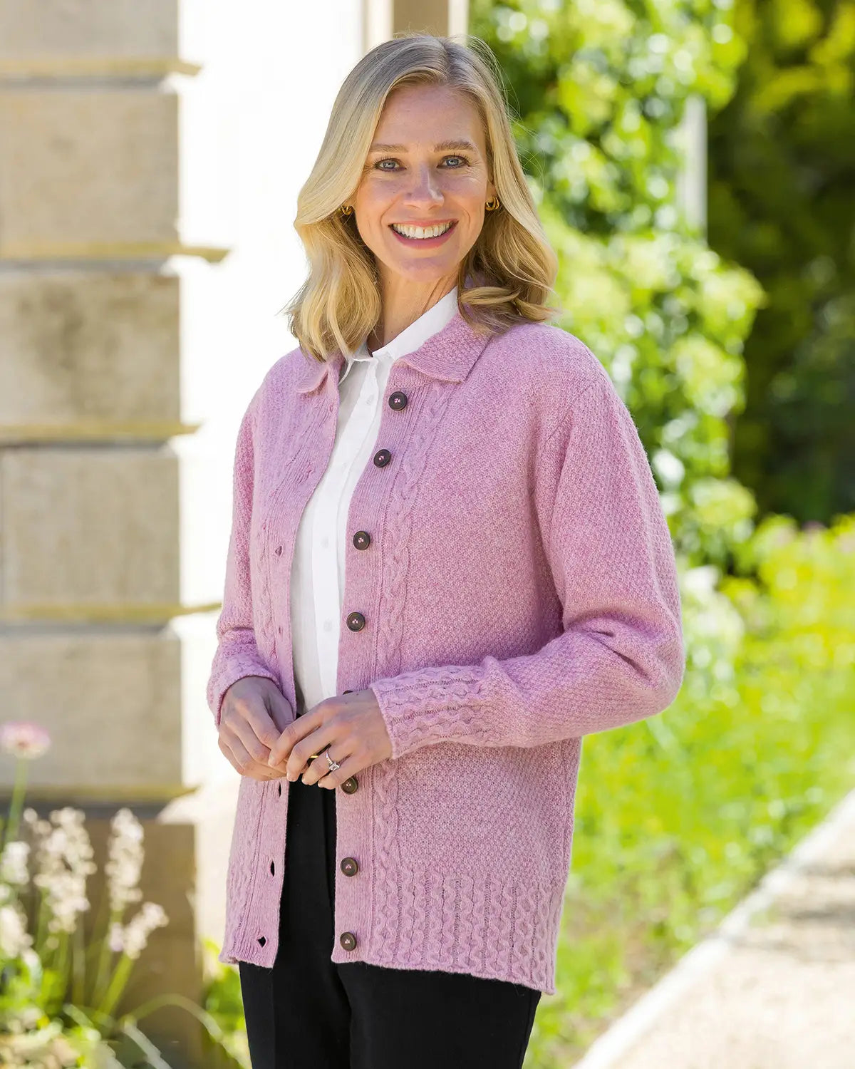 Ladies’ Pure Shetland Wool Cable Cardigan – Rosebud