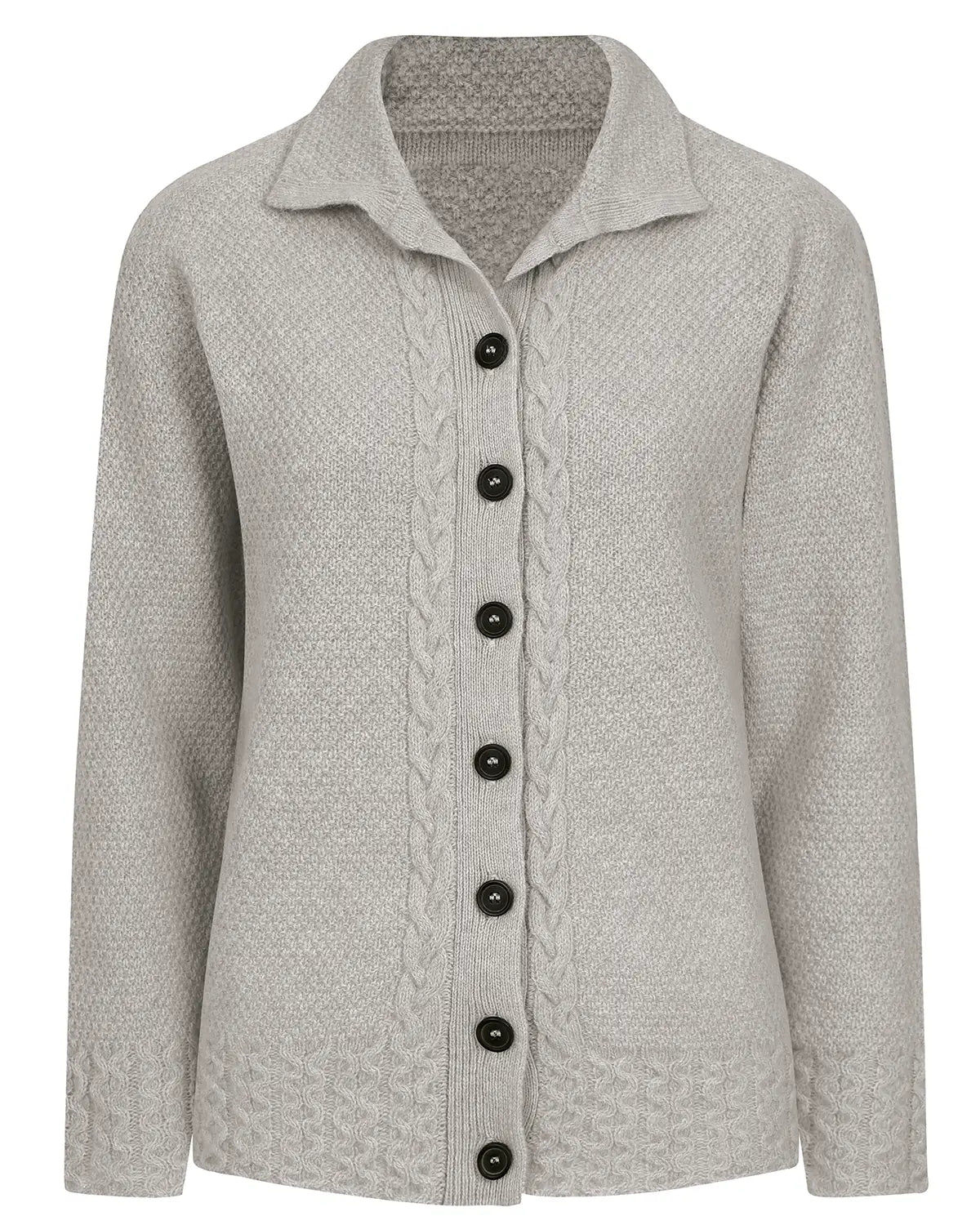 Ladies’ Pure Shetland Wool Cable Cardigan – Silver