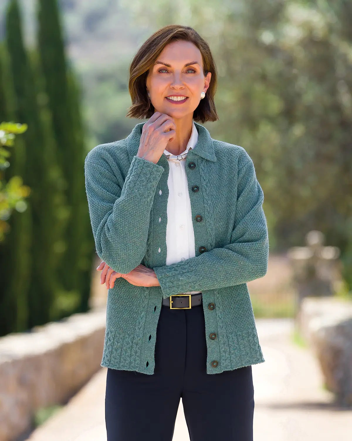 Ladies’ Pure Shetland Wool Cable Cardigan – Teal