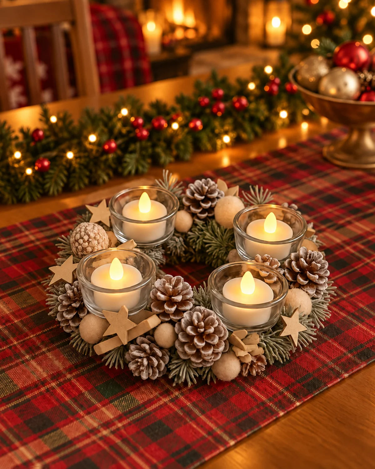 Festive Wreath Centrepiece with 4 LED Candles - Gold