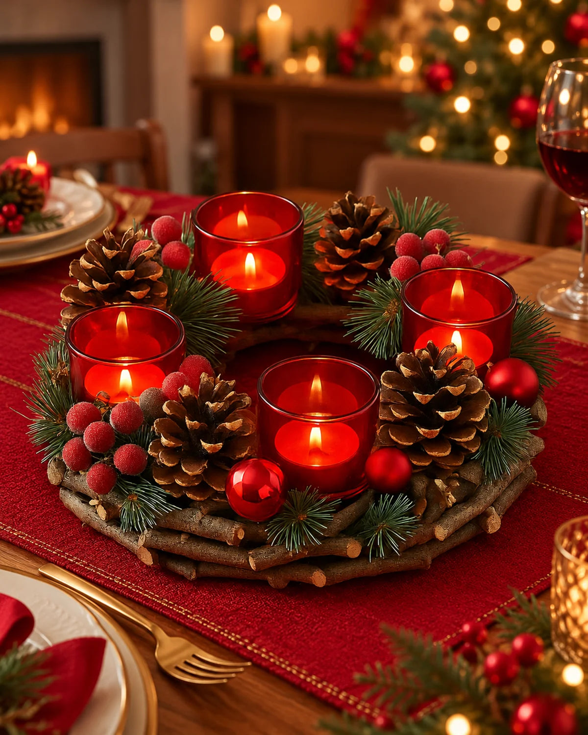 Festive Wreath Centrepiece with 4 LED Candles - Red