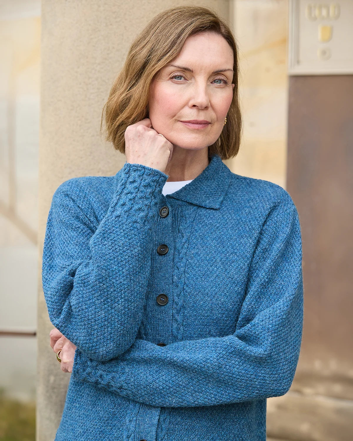 Ladies’ Pure Shetland Wool Cable Cardigan – Denim