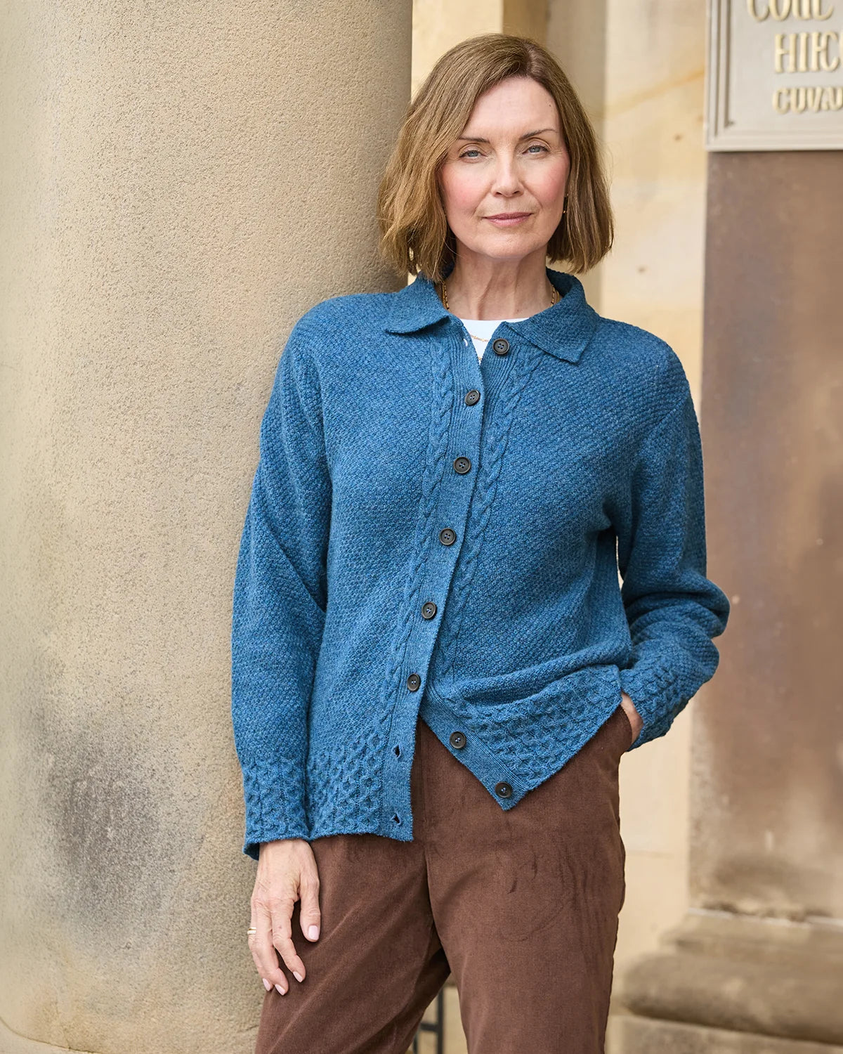 Ladies’ Pure Shetland Wool Cable Cardigan – Denim