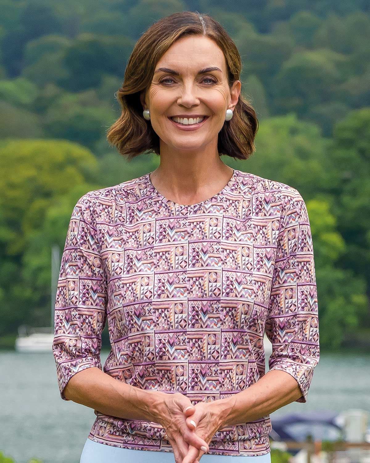 Willa Patterned Cotton 3/4 Sleeve Blouson Top - Country Collection