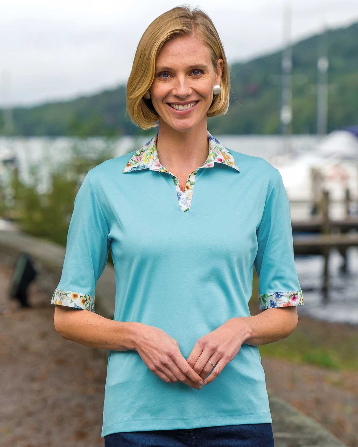 Mona Trimmed Short Sleeve Cotton Polo Top - Country Collection