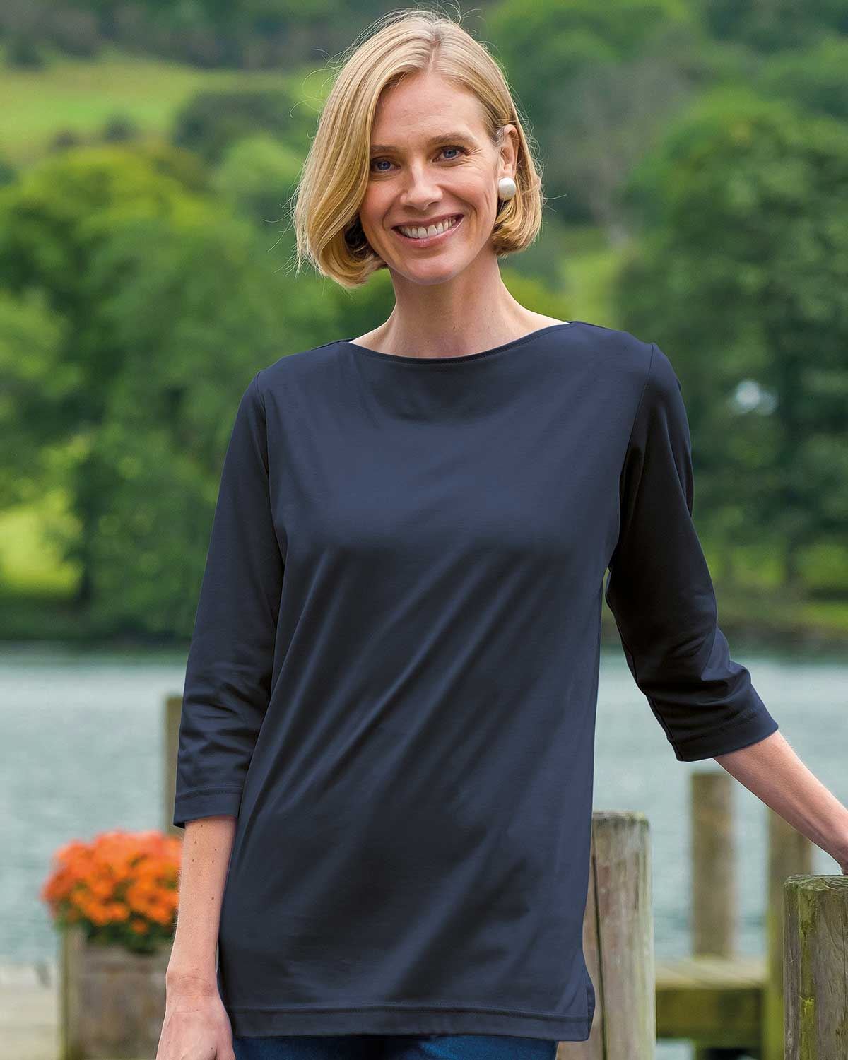 Madison Boat Neck 3/4 Sleeve Top - Navy - Country Collection