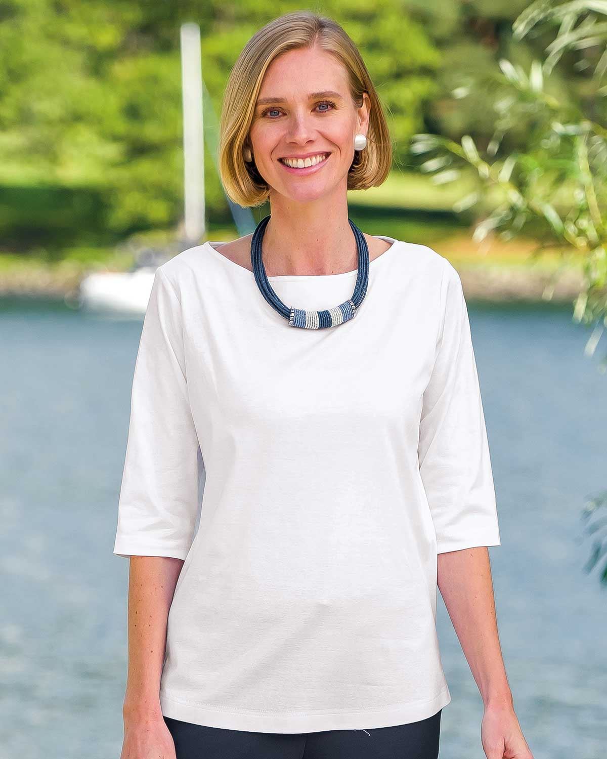 Madison Boat Neck 3/4 Sleeve Top - White - Country Collection