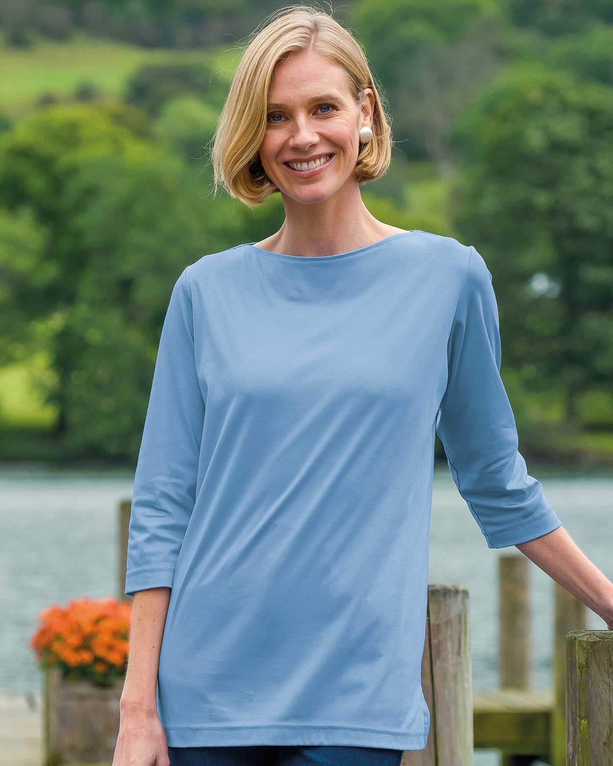 Madison Boat Neck 3/4 Sleeve Top - Cornflower - Country Collection
