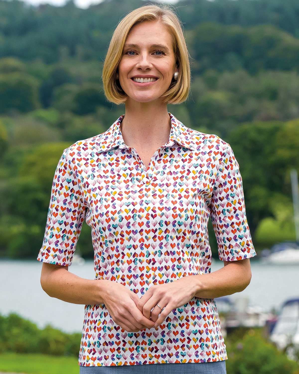 Charlene Patterned Short Sleeve Cotton Polo Top - Country Collection