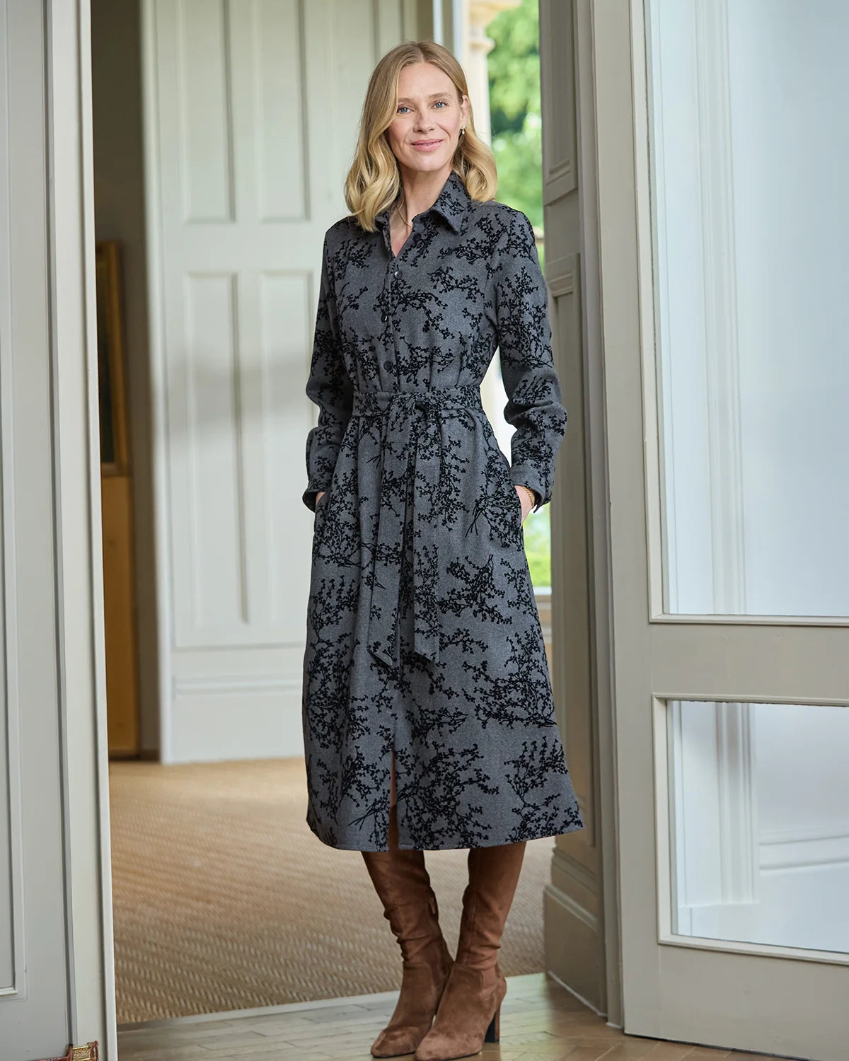 Ebony Patterned Wool Rich Long Sleeve Shirt Dress