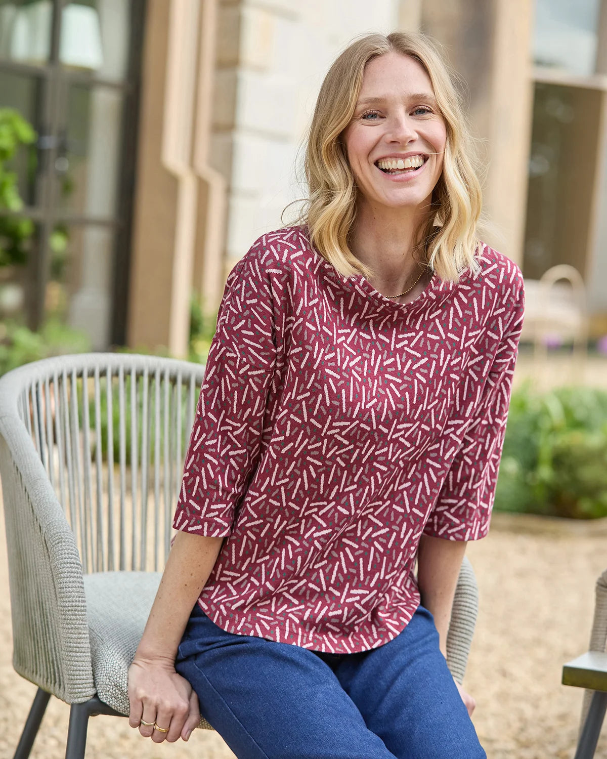 Patterned Crew Neck Dolman Sleeve Top