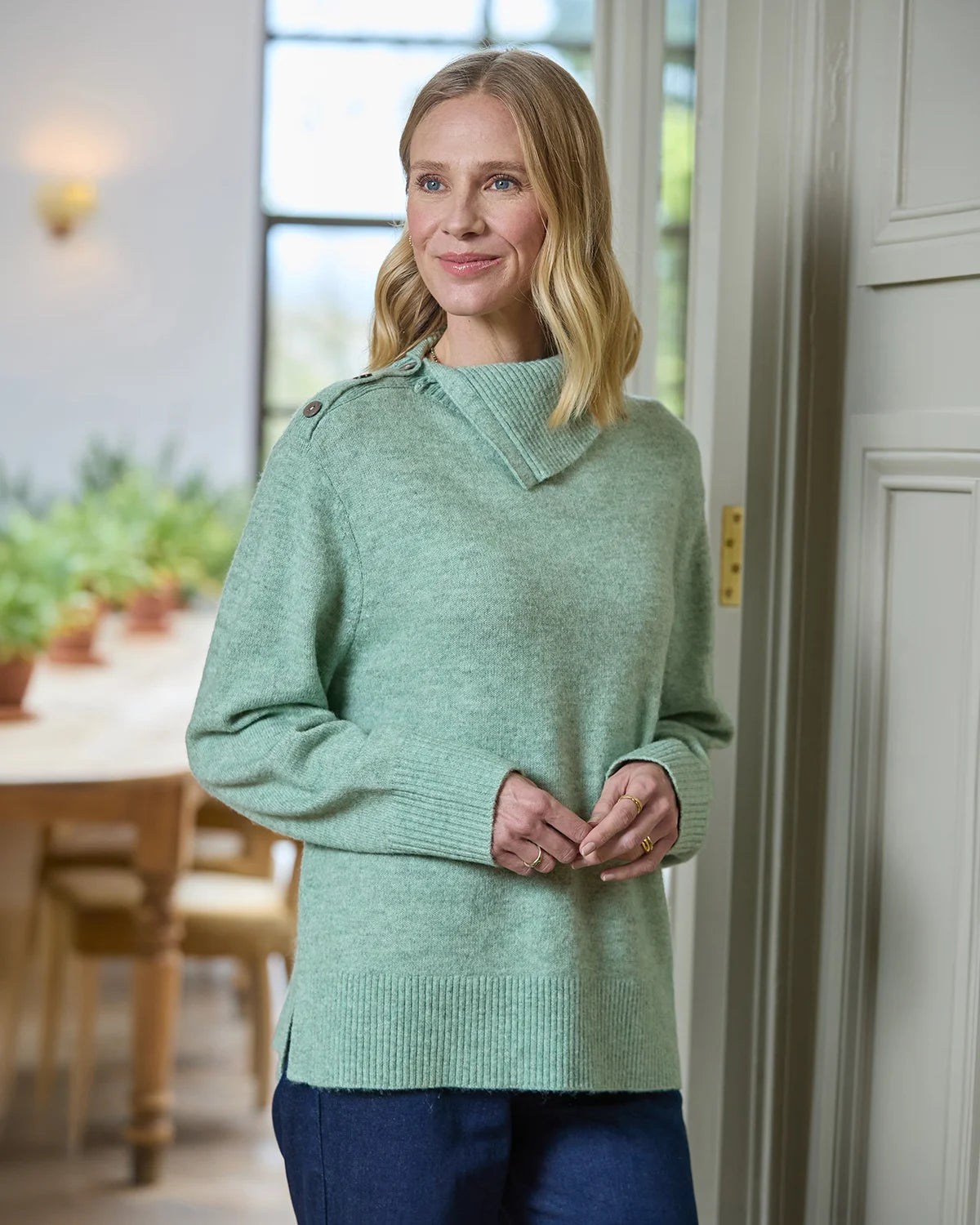 Brooke Split Collar Style Wool Mix Jumper - Eucalyptus