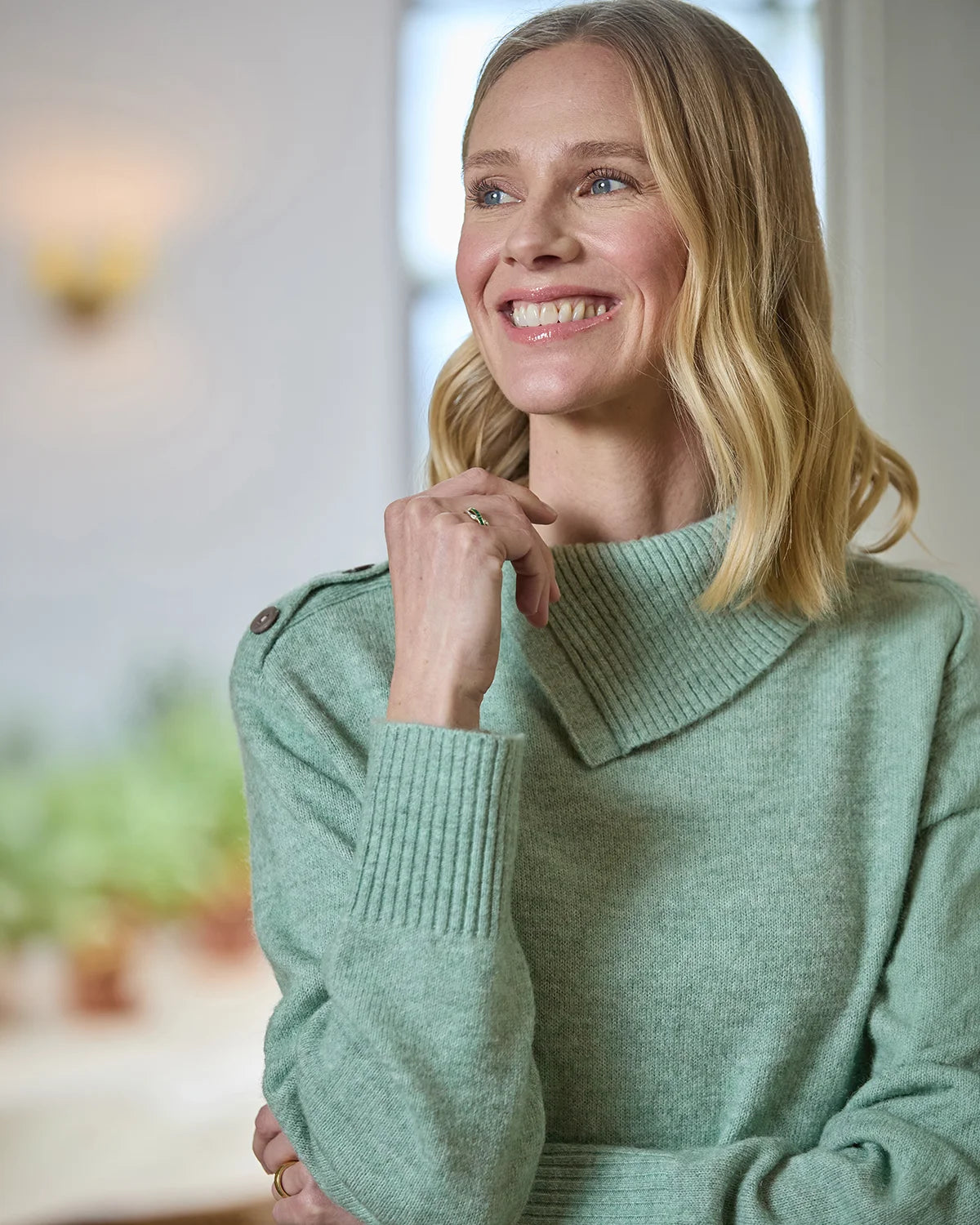 Brooke Split Collar Style Wool Mix Jumper - Eucalyptus