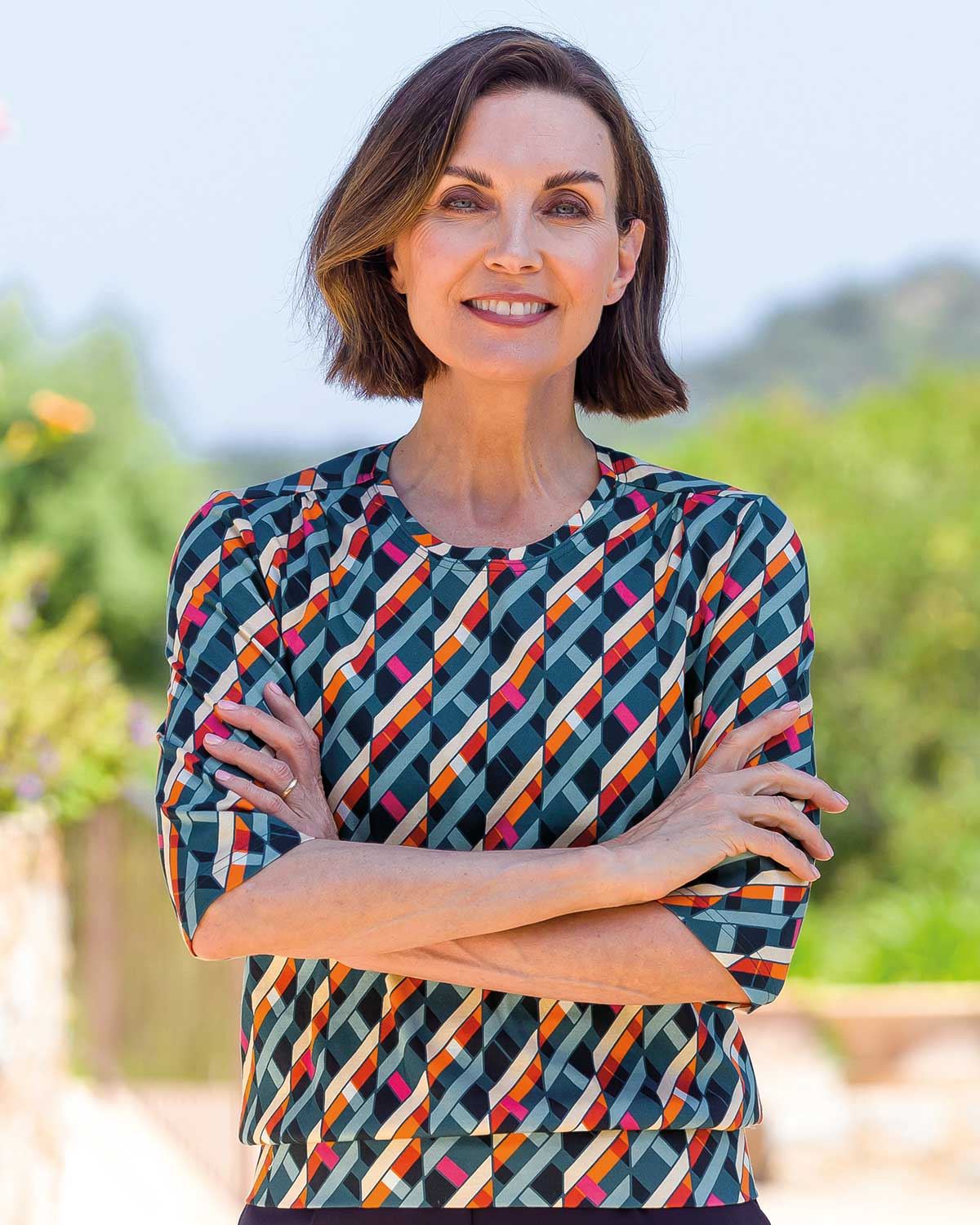 Isabella Patterned Cotton 3/4 Sleeve Blouson Top - Country Collection