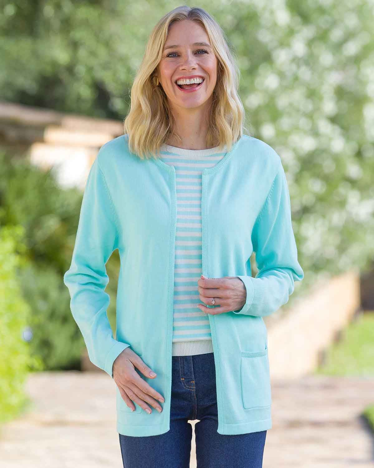 Carla Edge to Edge Pure Cotton Ladies Cardigan - Aqua - Country Collection