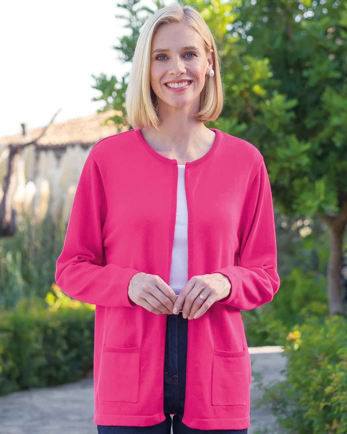Carla Edge to Edge Pure Cotton Ladies Cardigan - Pink - Country Collection