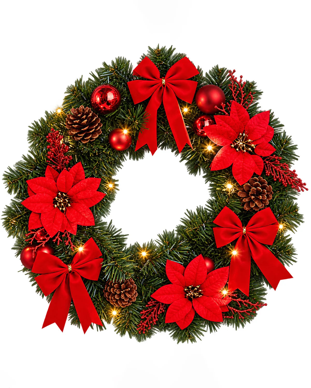 LED Christmas Hanging Wreath with Flowers, Baubles & Ribbons
