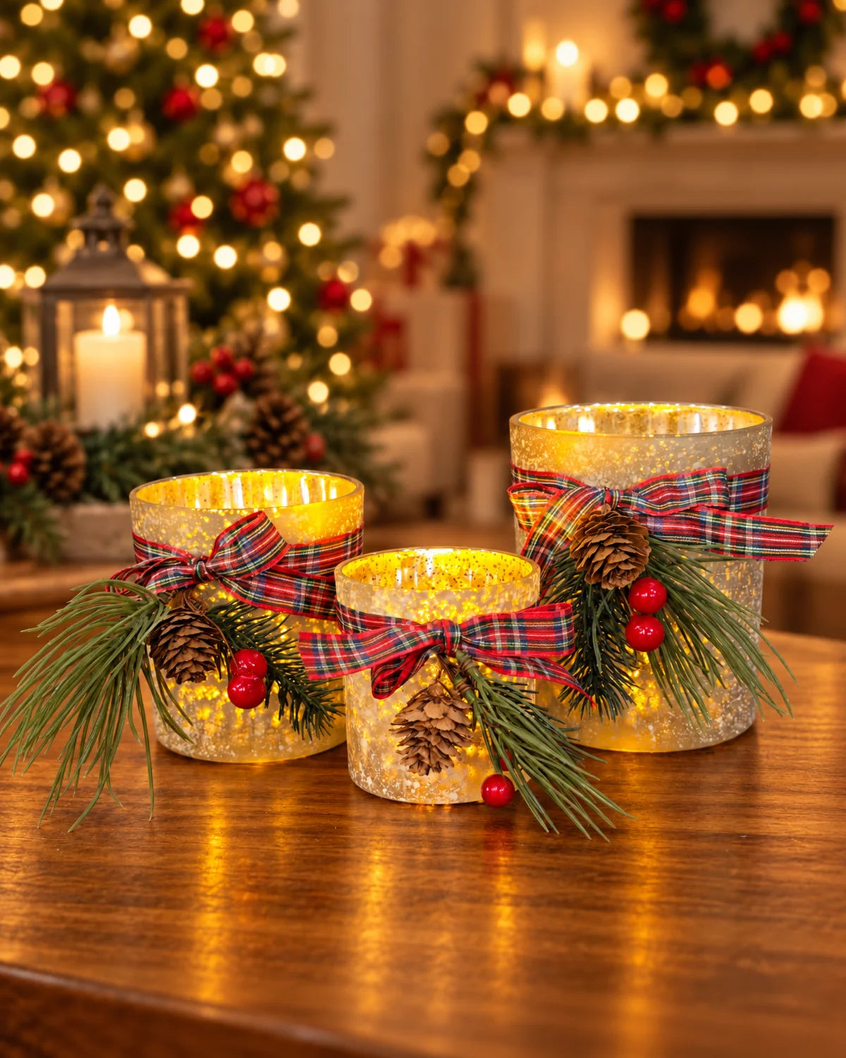 Set of 3 Glass LED Candle Holders with Tartan Ribbon
