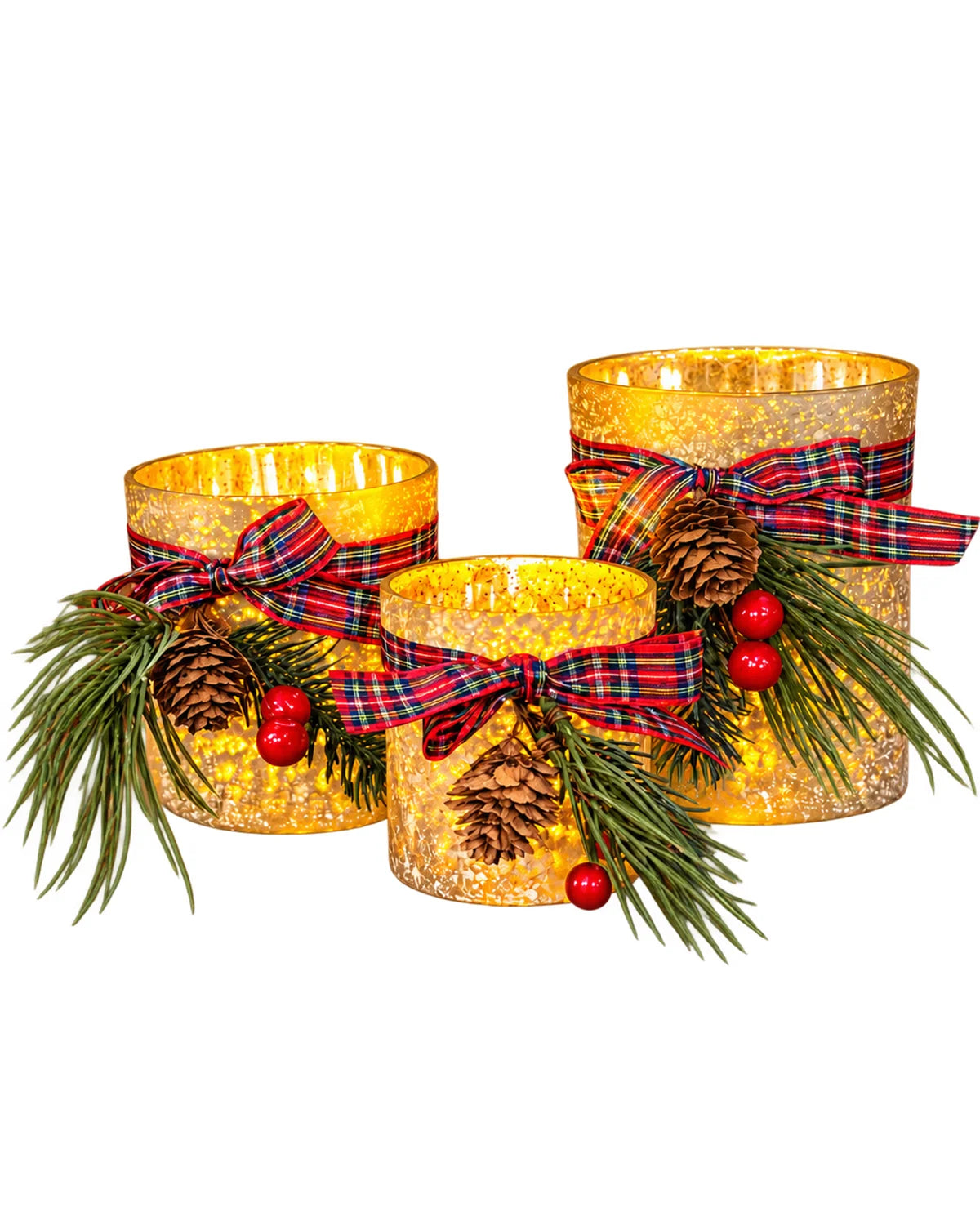 Set of 3 Glass LED Candle Holders with Tartan Ribbon