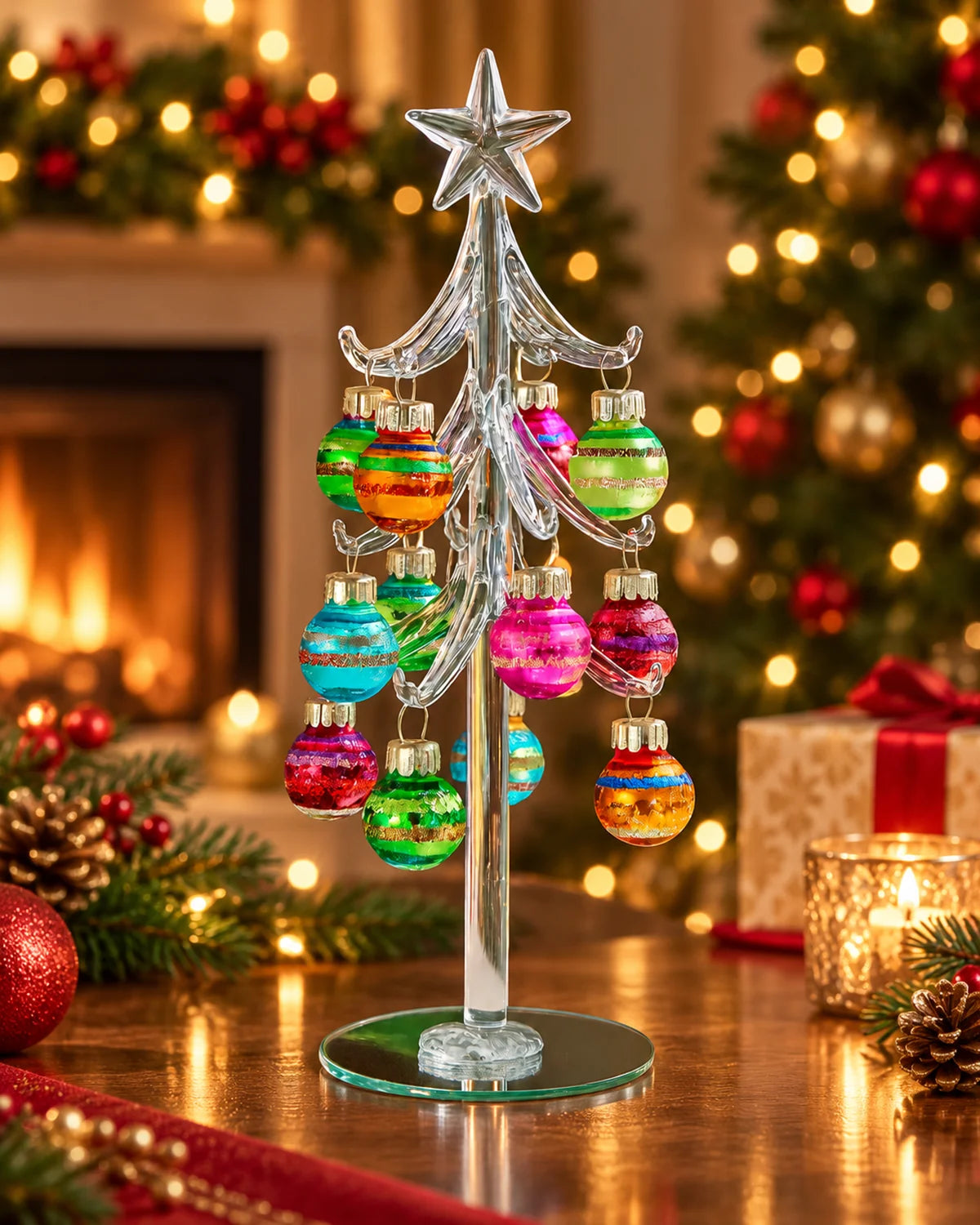 Glass Christmas Tree with 12 Colourful Baubles