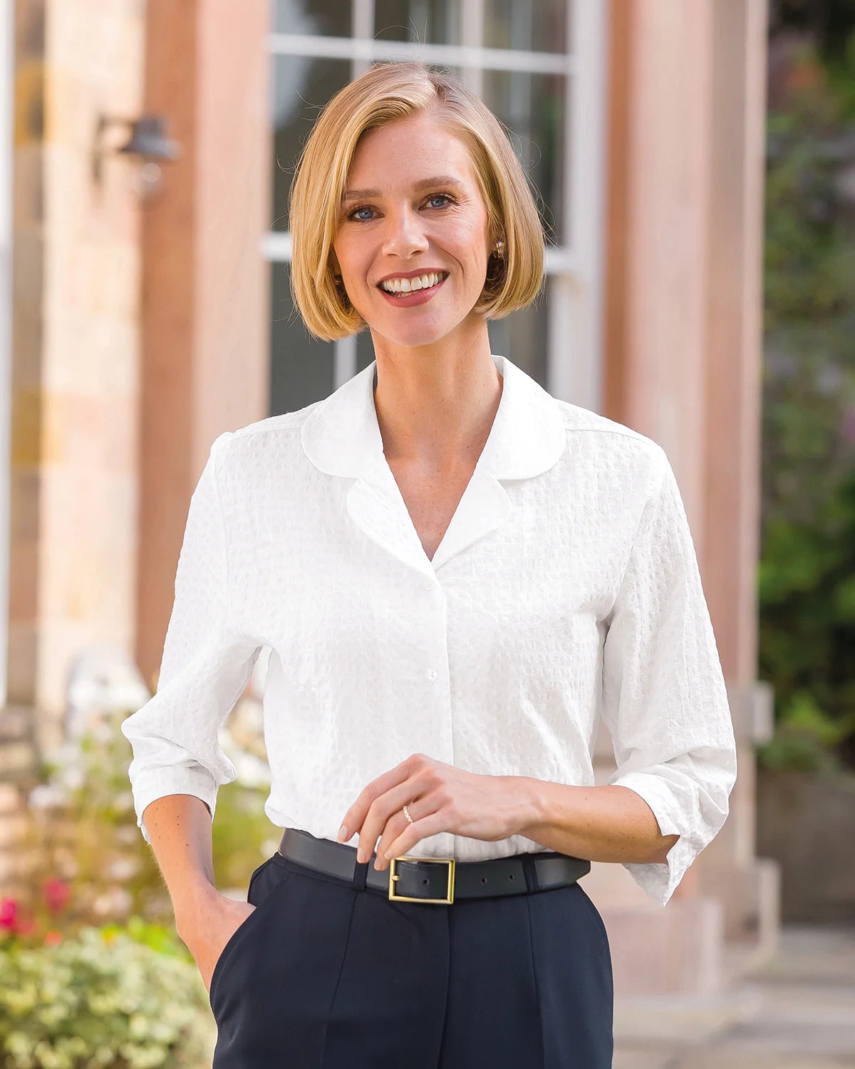 Ladies’ Gail Cotton Rich Seersucker 3/4 Sleeve Blouse – White
