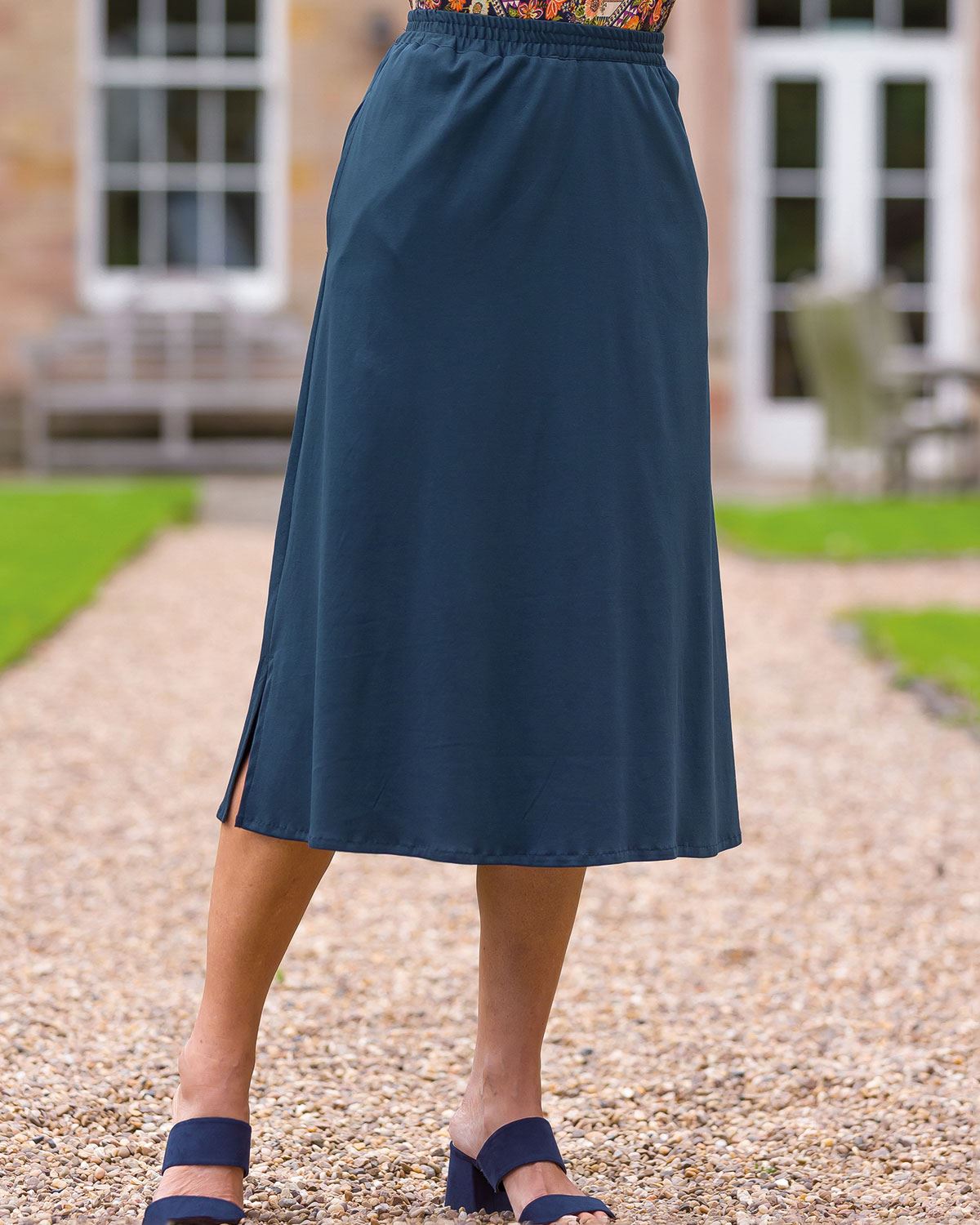 Hannah Navy Pull On Silky Cotton Skirt - Country Collection