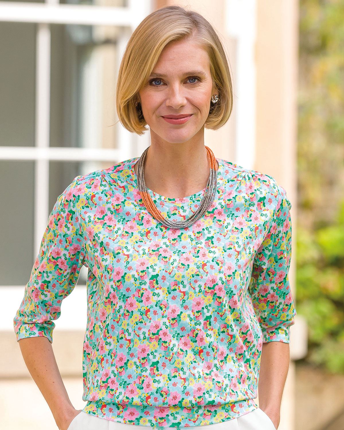 Ginnie Floral Cotton 3/4 Sleeve Blouson Top - Country Collection