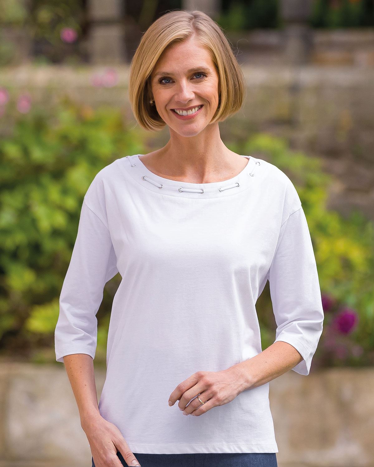 Eliza Eyelet Detail 3/4 Sleeve Pure Cotton Top - Country Collection
