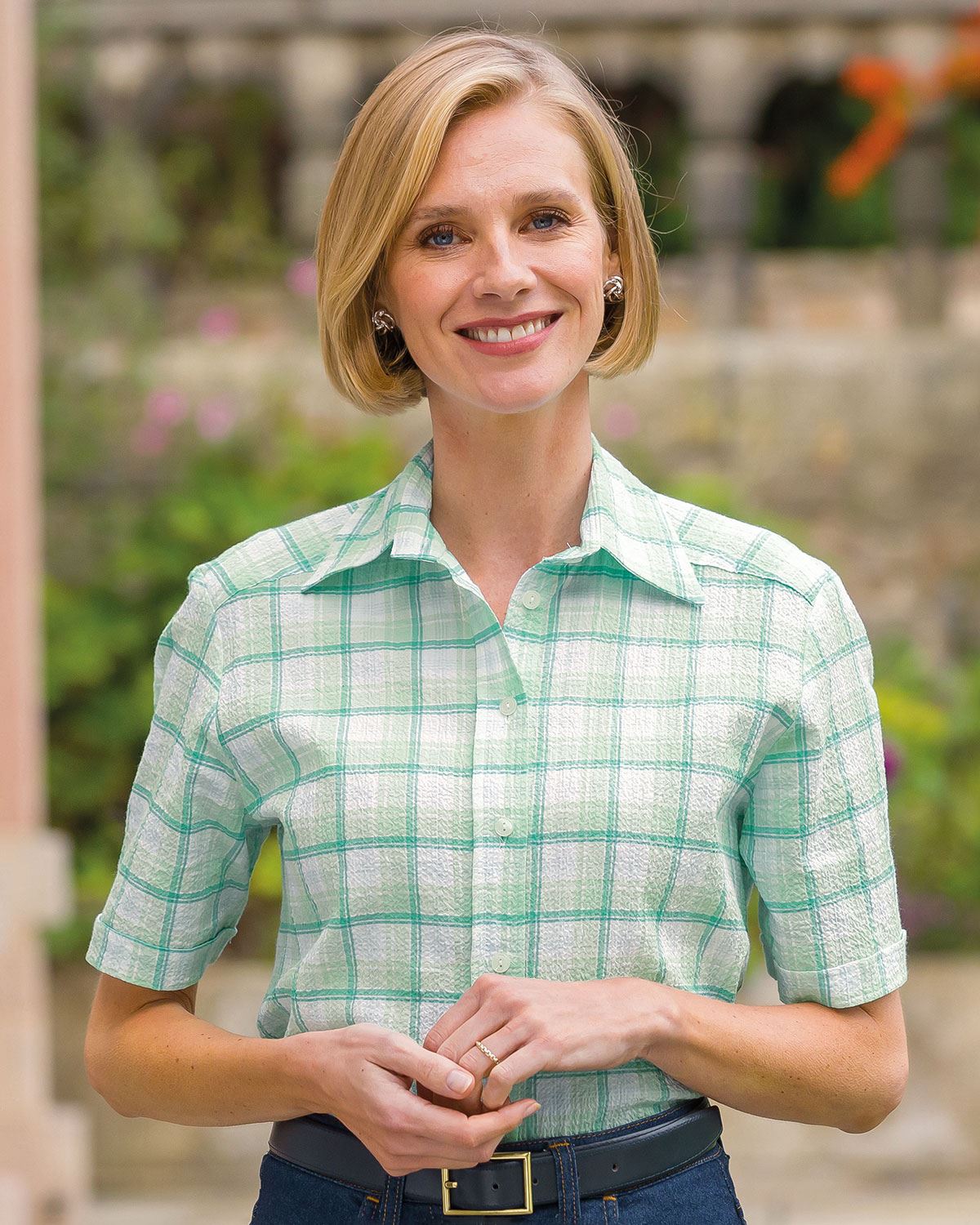 Carmel Checked Short Sleeve Seersucker Blouse - Country Collection