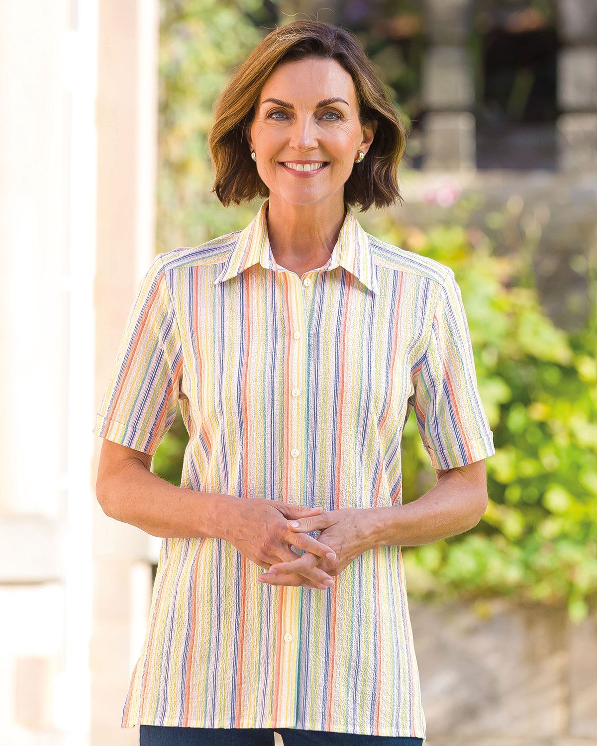 Marley Striped Short Sleeve Seersucker Blouse - Country Collection