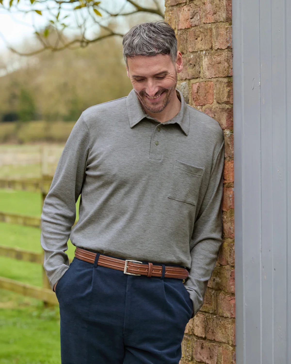 Pure Cotton Jersey Long Sleeved Polo Top - Grey Marl
