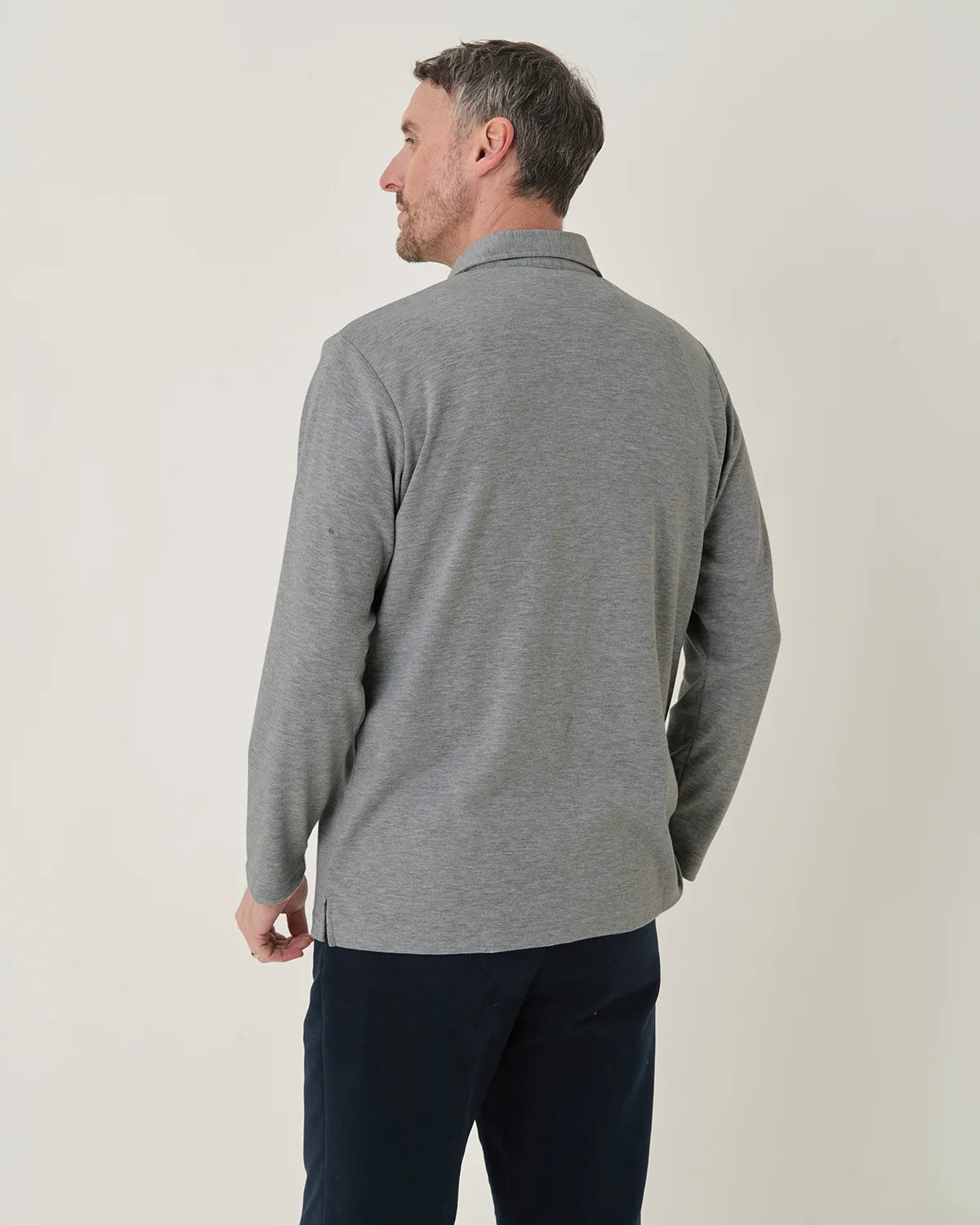 Pure Cotton Jersey Long Sleeved Polo Top - Grey Marl